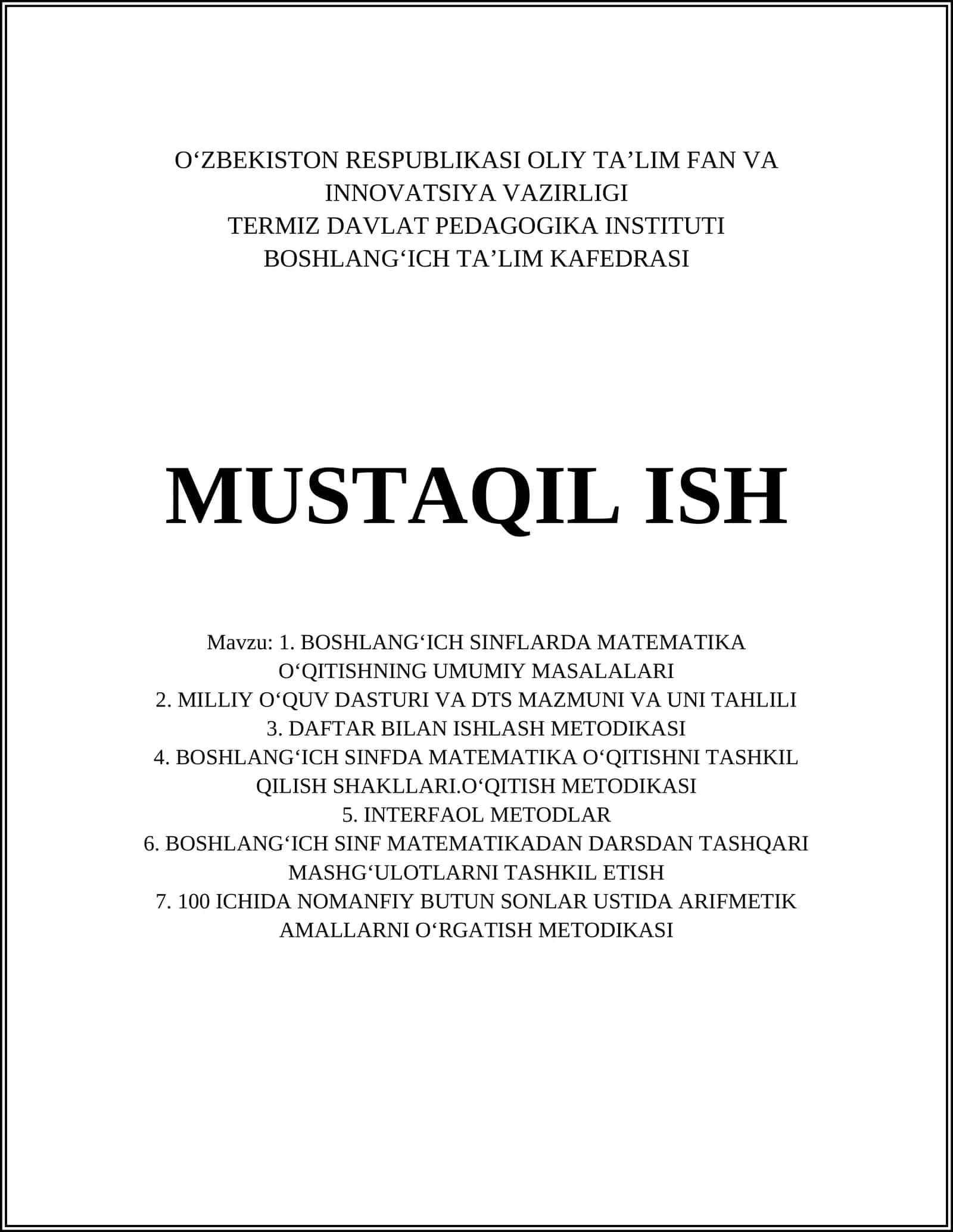 MATEMATIKA O‘QITISHNING UMUMIY MASALALARI