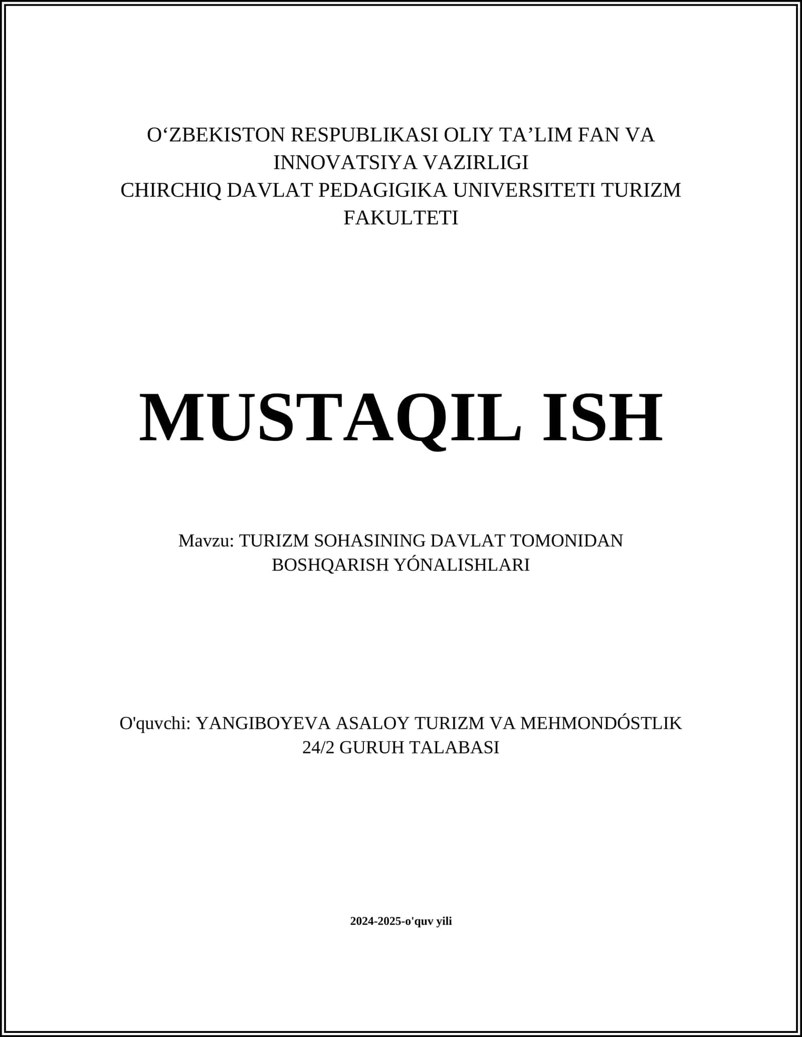 TURIZM SOHASINING DAVLAT TOMONIDAN BOSHQARISH YÓNALISHLARI