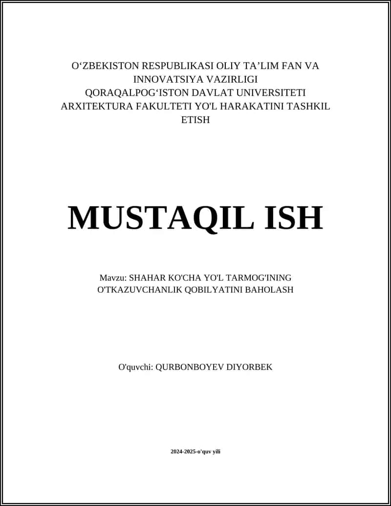 Transport tarmog'ining baholash usullari