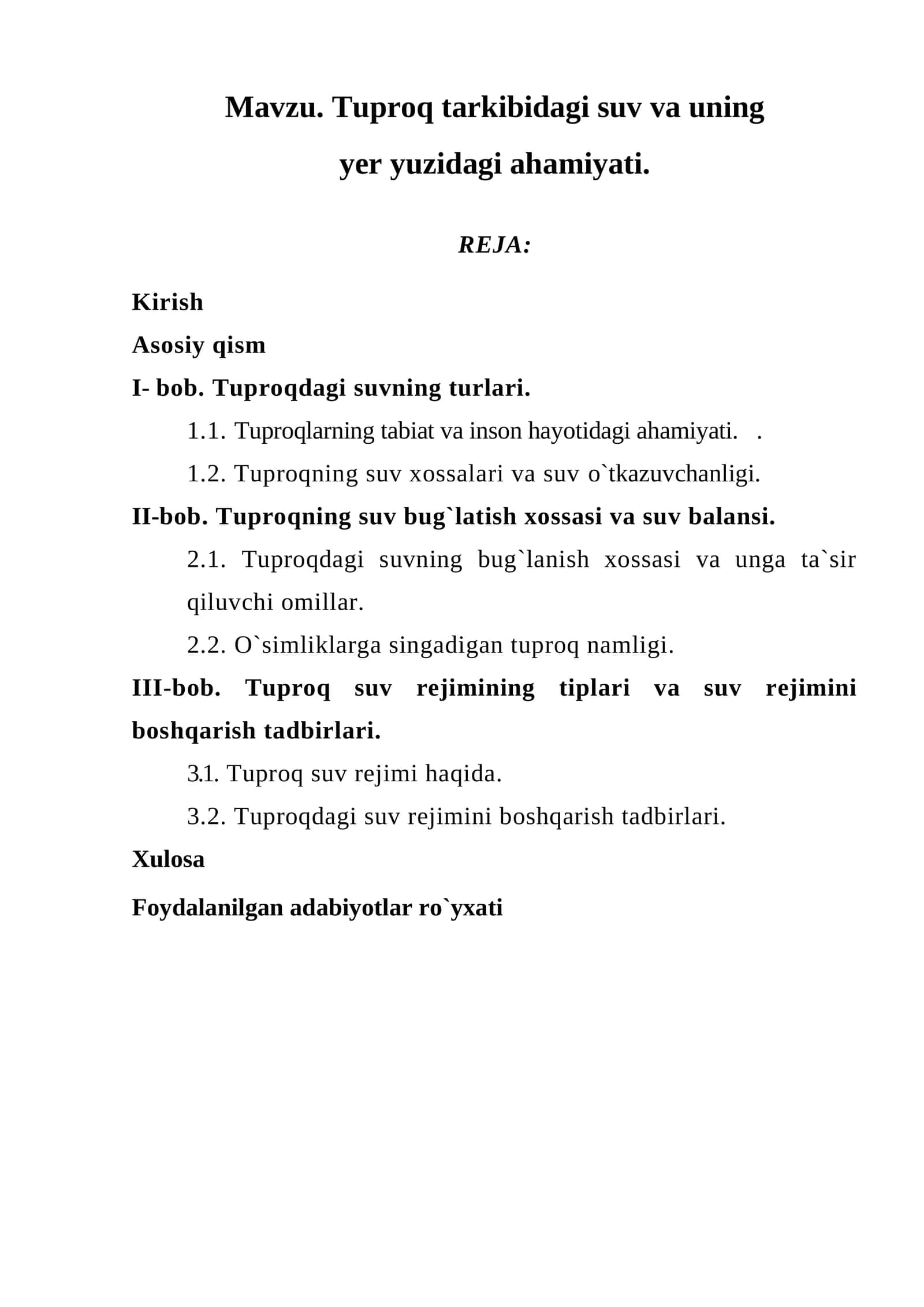 Tuproqdagi suv va uning yer yuzidagi ahamiyati