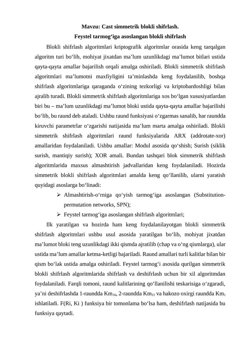Blokli simmetrik shifrlash algoritmlari