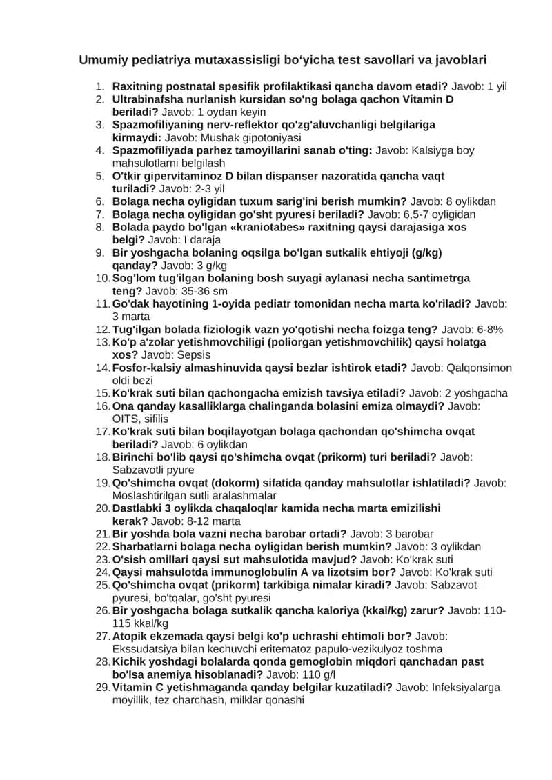 Umumiy pediatriya mutaxassisligi boʻyicha test savollari va javoblari