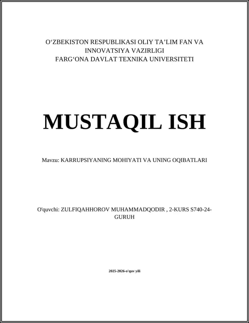 KARRUPSIYANING MOHIYATI VA UNING OQIBATLARI