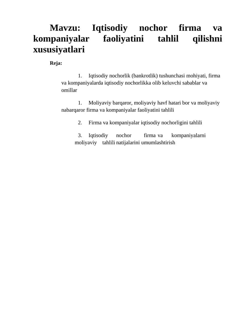 Iqtisodiy nochor firma va kompaniyalar faoliyatini tahlil qilishni xususiyatlari