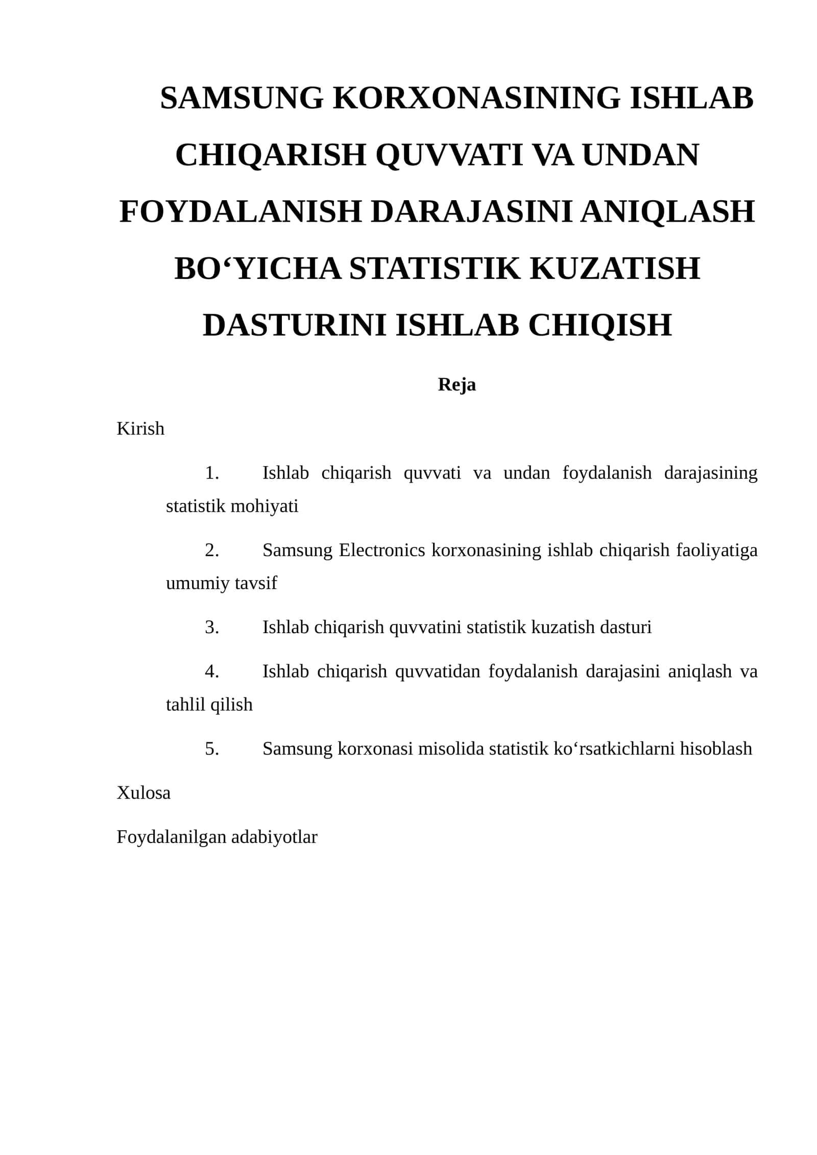 KORXONASINING ISHLAB CHIQARISH QUVVATI VA UNDAN FOYDALANISH DARAJASINI ANIQLASH BO‘YICHA STATISTIK KUZATISH DASTURINI ISHLAB CHIQISH