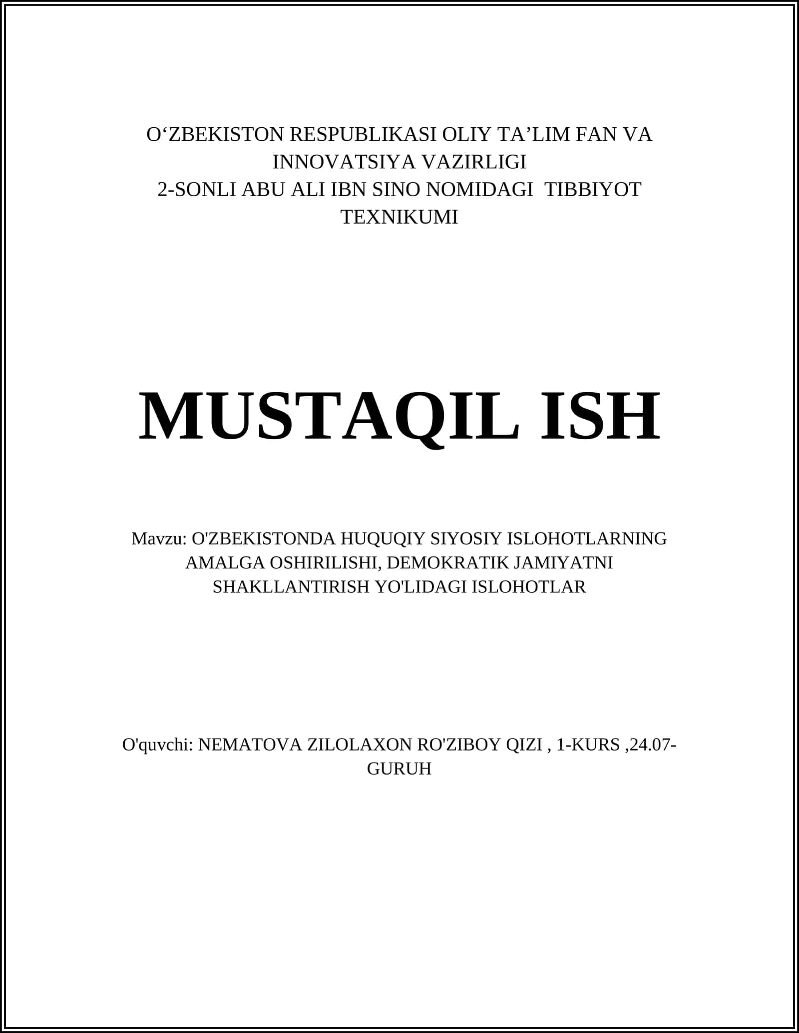 O'ZBEKISTONDA HUQUQIY SIYOSIY ISLOHOTLARNING AMALGA OSHIRILISHI, DEMOKRATIK JAMIYATNI SHAKLLANTIRISH YO'LIDAGI ISLOHOTLAR