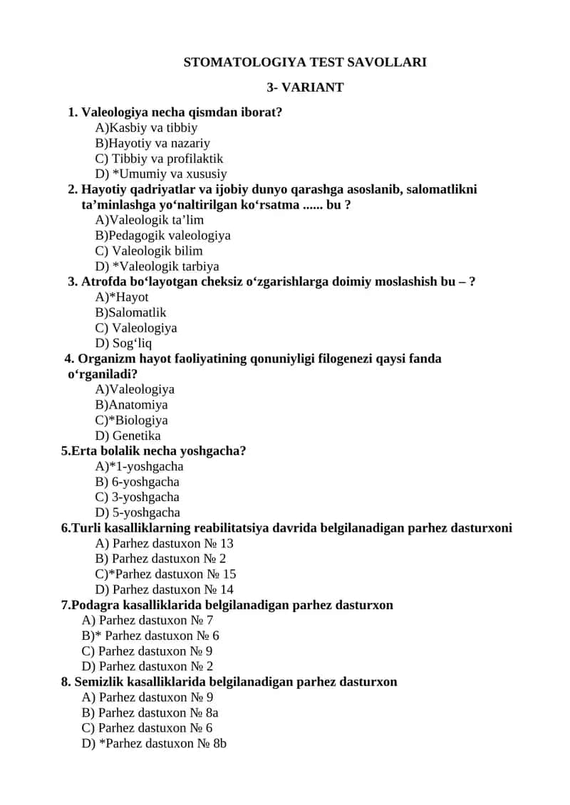 STOMATOLOGIYA TEST SAVOLLARI