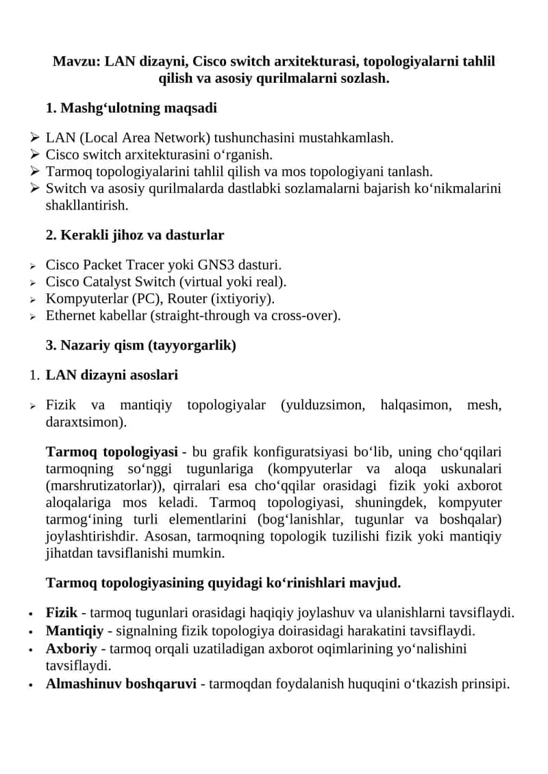 LAN dizayni va Cisco switch arxitekturasi