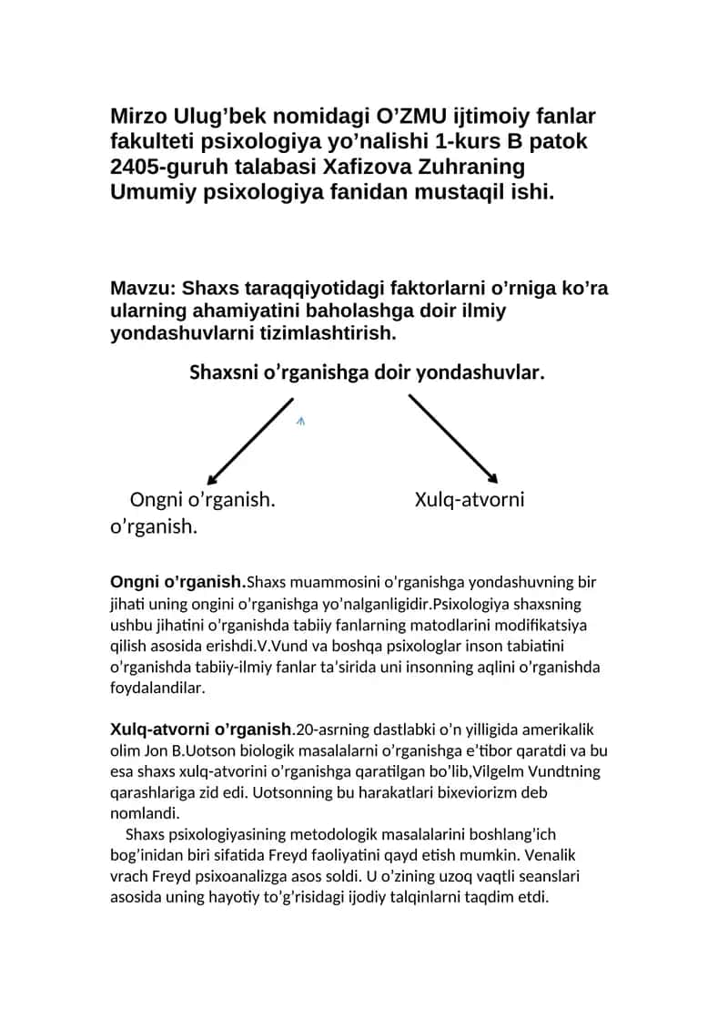 Umumiy psixologiya fanidan mustaqil ishi