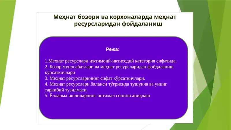 Меҳнат бозори ва корхоналарда меҳнат ресурсларидан фойдаланиш