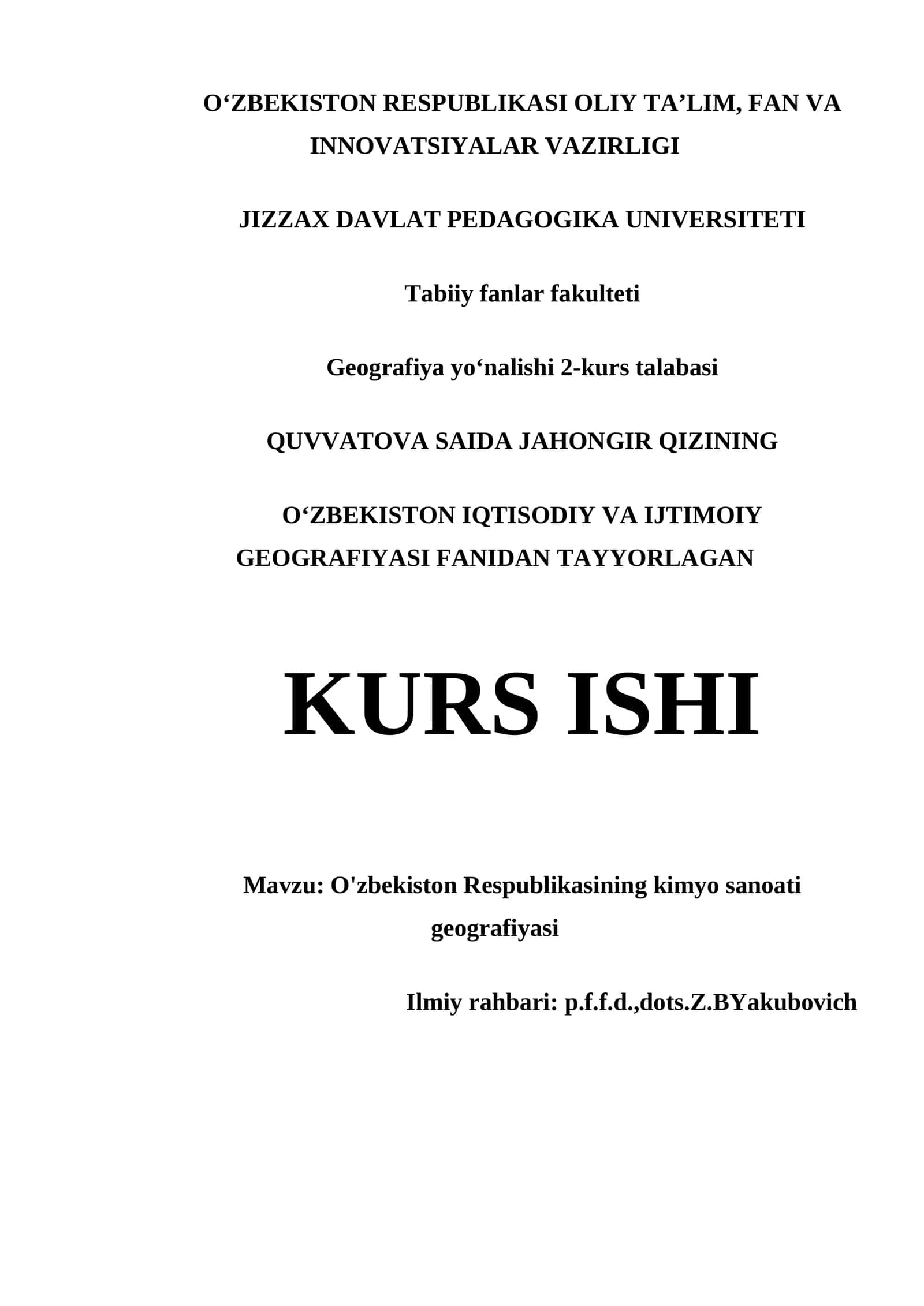 O'zbekiston Respublikasining Kimyo Sanoati Geografiyasi