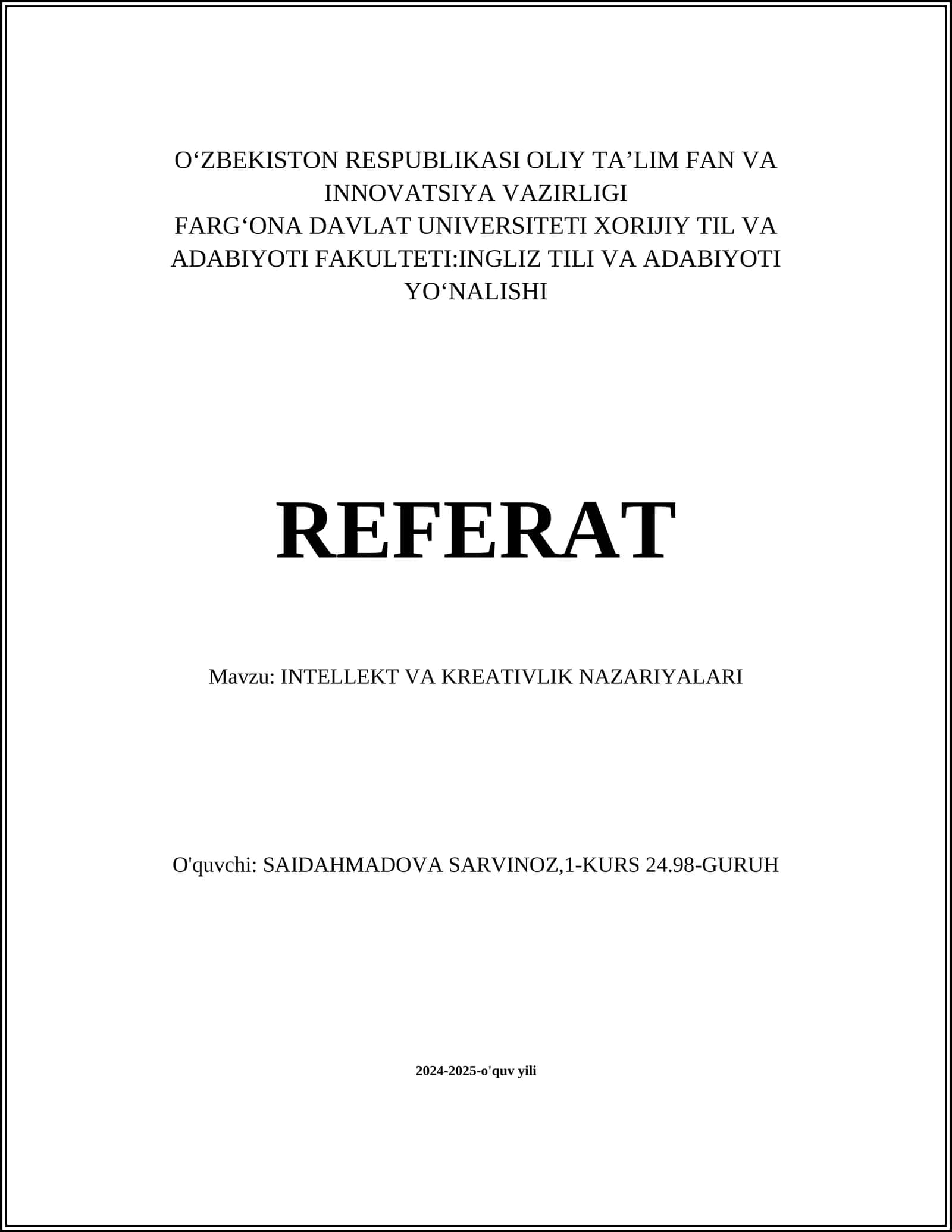 INTELLEKT VA KREATIVLIK NAZARIYALARI