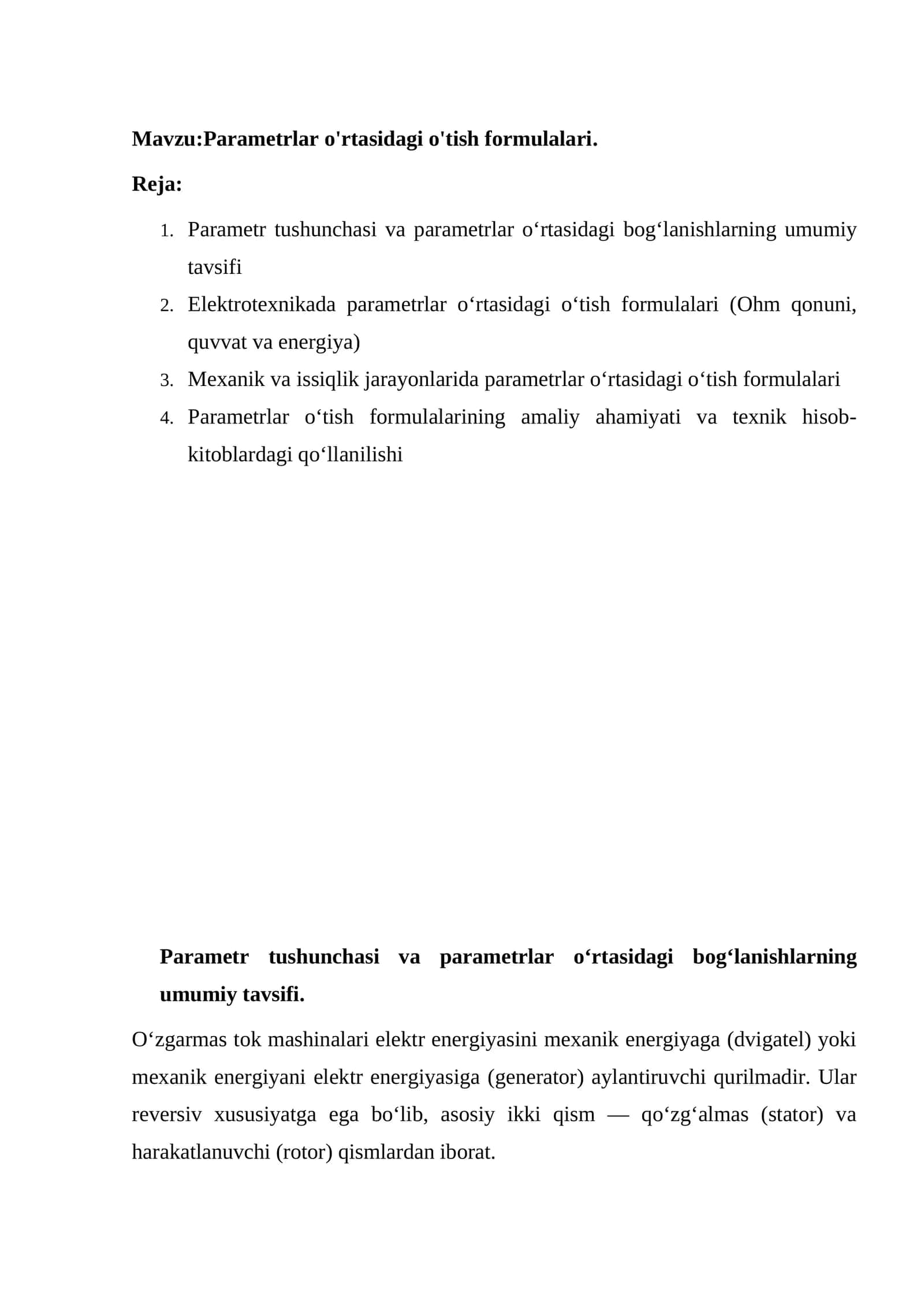 Parametrlar o'rtasidagi o'tish formulalari