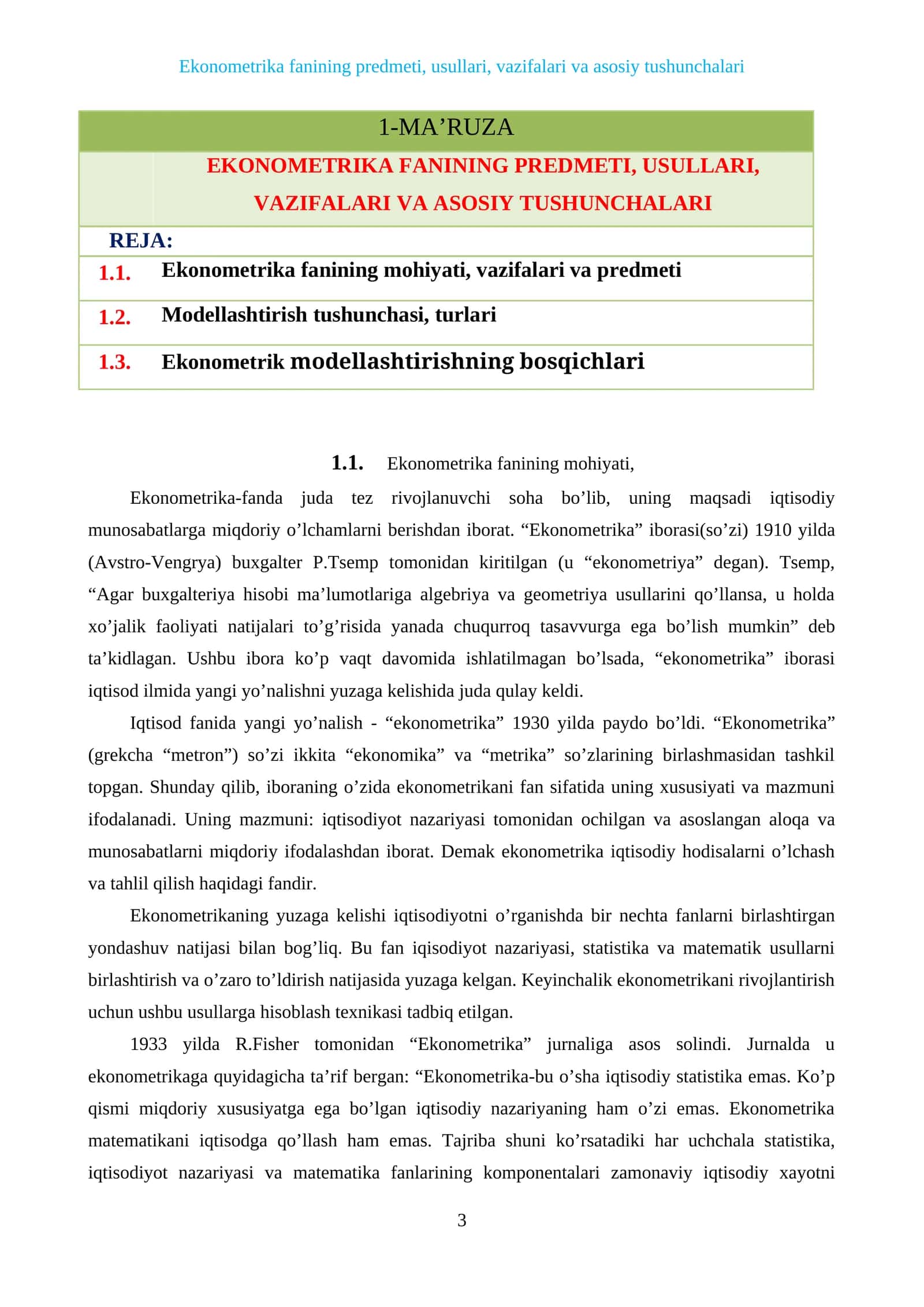 Ekonometrika fanining predmeti, usullari, vazifalari va asosiy tushunchalari