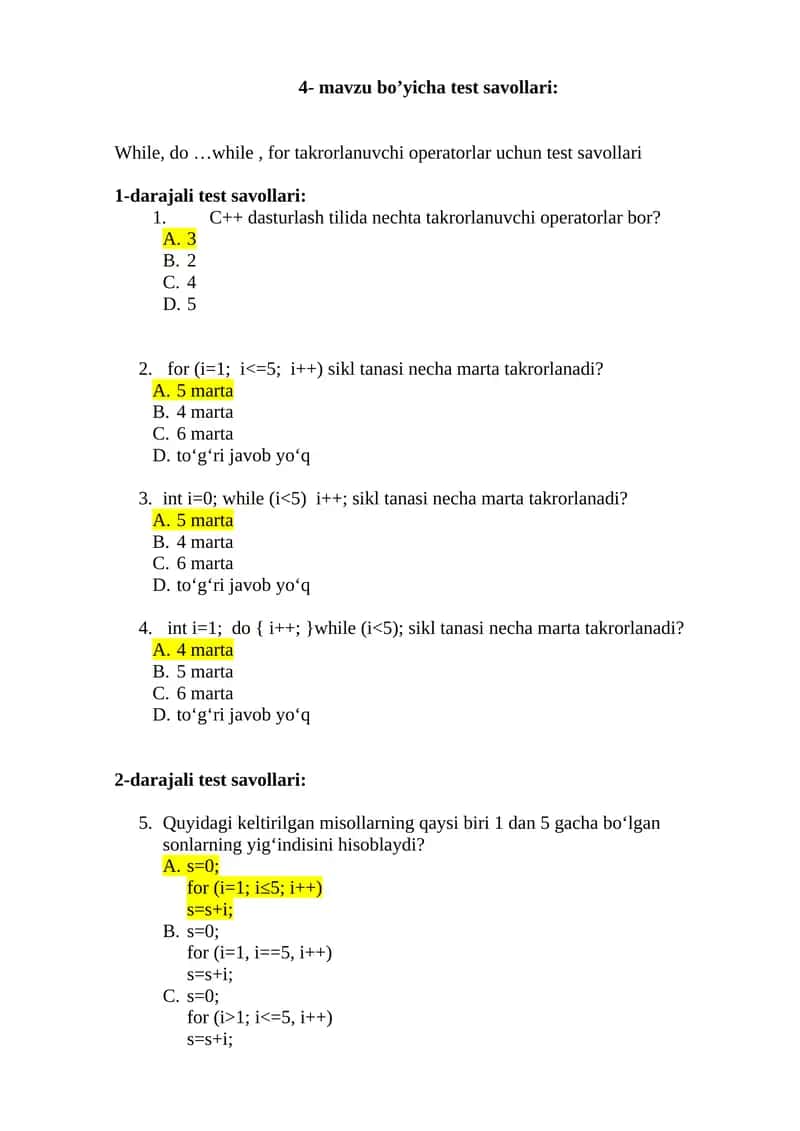 4- mavzu bo’yicha test savollari: While, do …while, for takrorlanuvchi operatorlar uchun test savollari