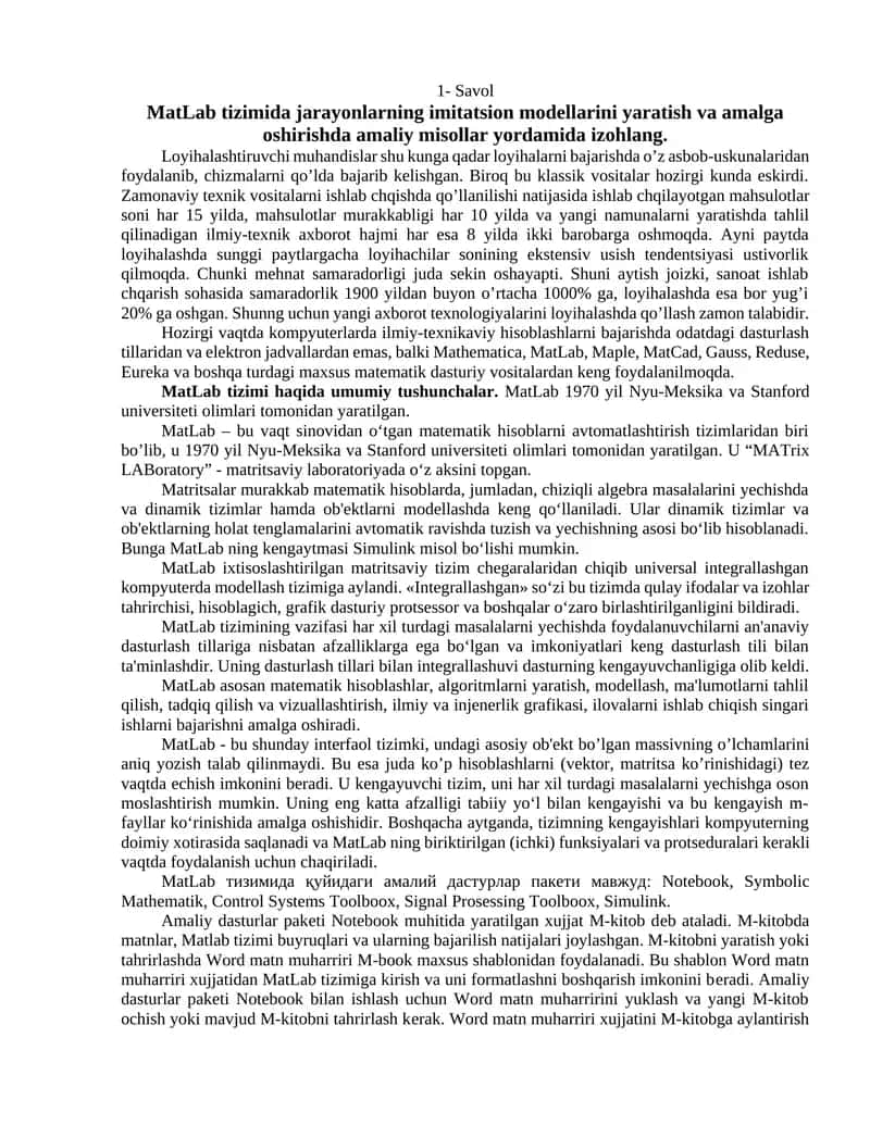 MatLab tizimi haqida umumiy tushunchalar