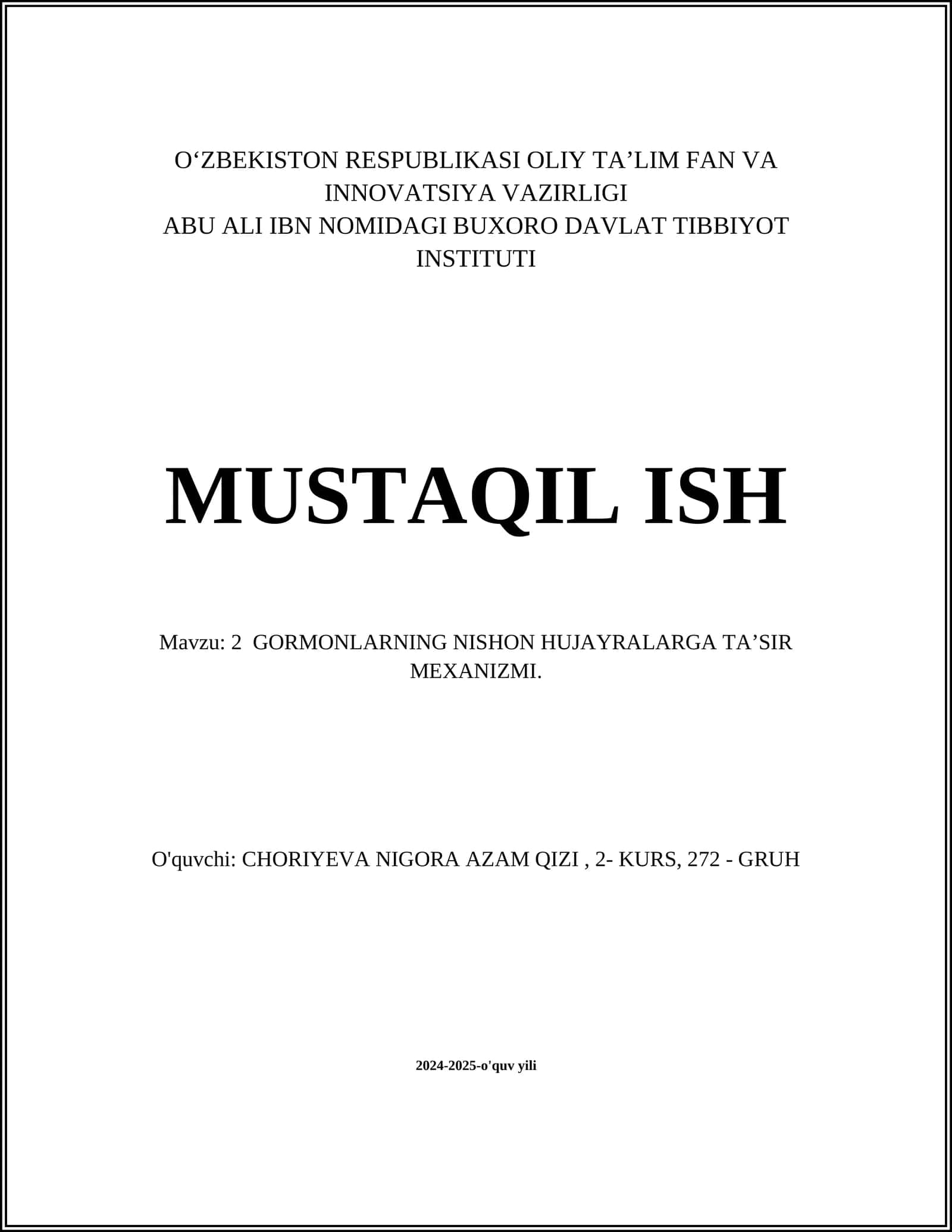 2 GORMONLARNING NISHON HUJAYRALARGA TA’SIR MEXANIZMI