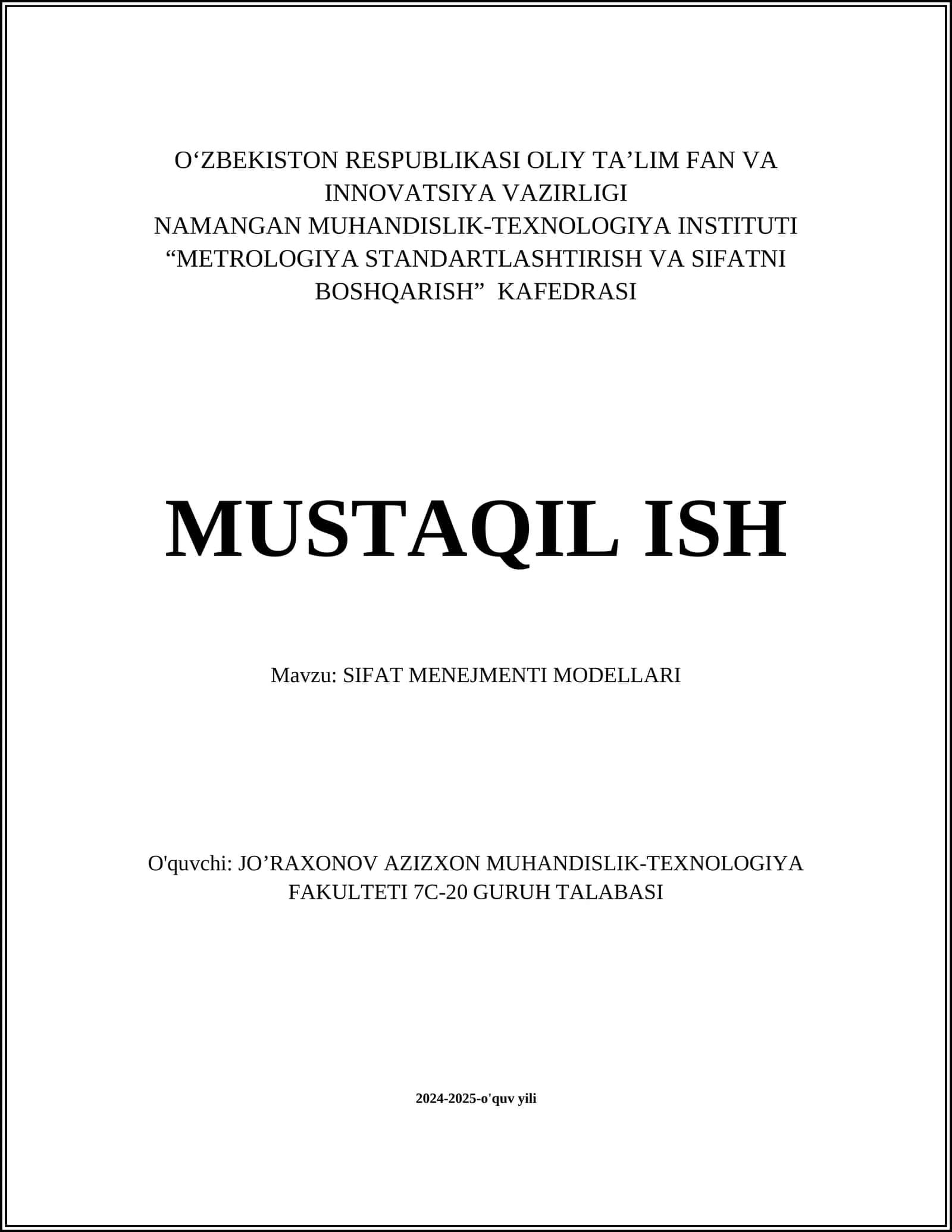SIFAT MENEJMENTI MODELLARI