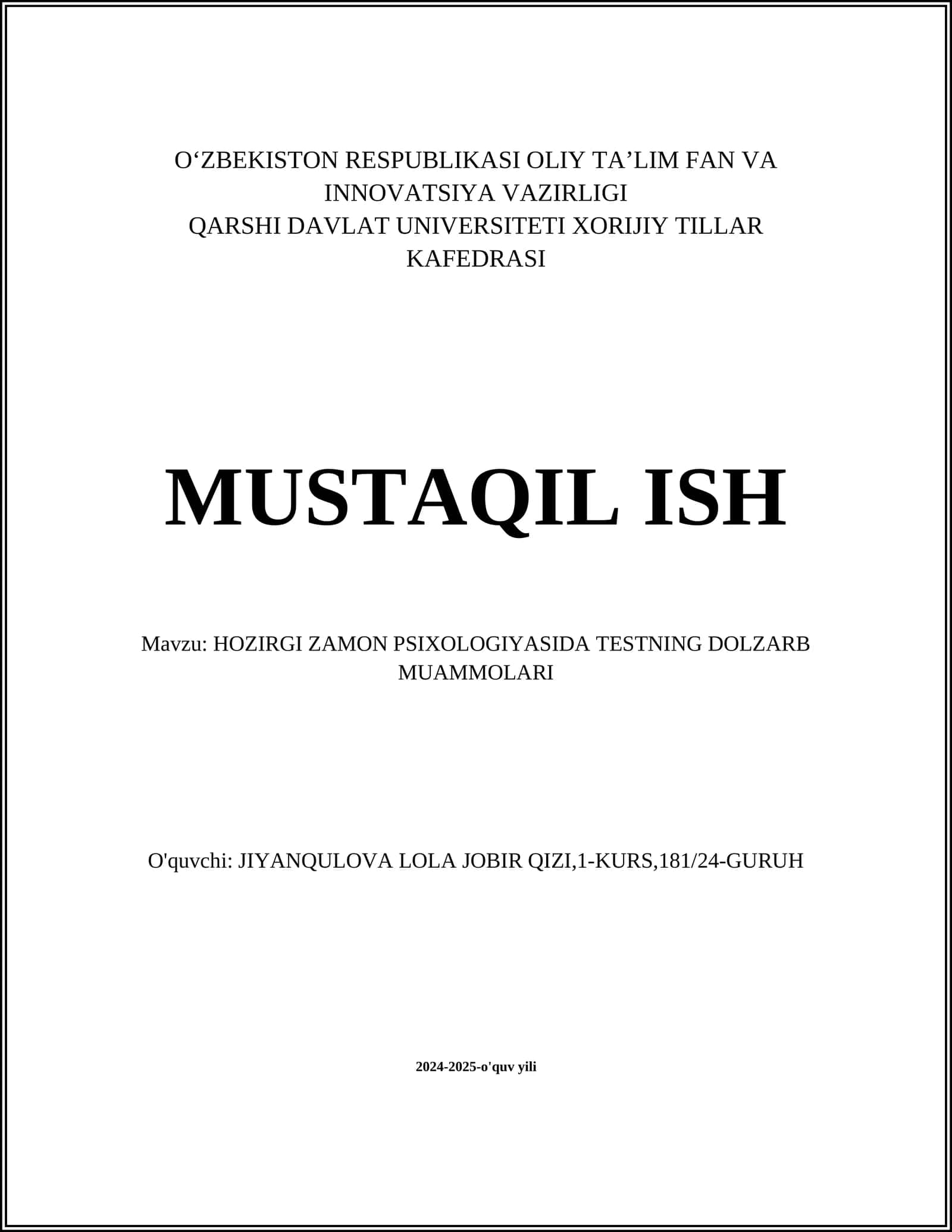 HOZIRGI ZAMON PSIXOLOGIYASIDA TESTNING DOLZARB MUAMMOLARI