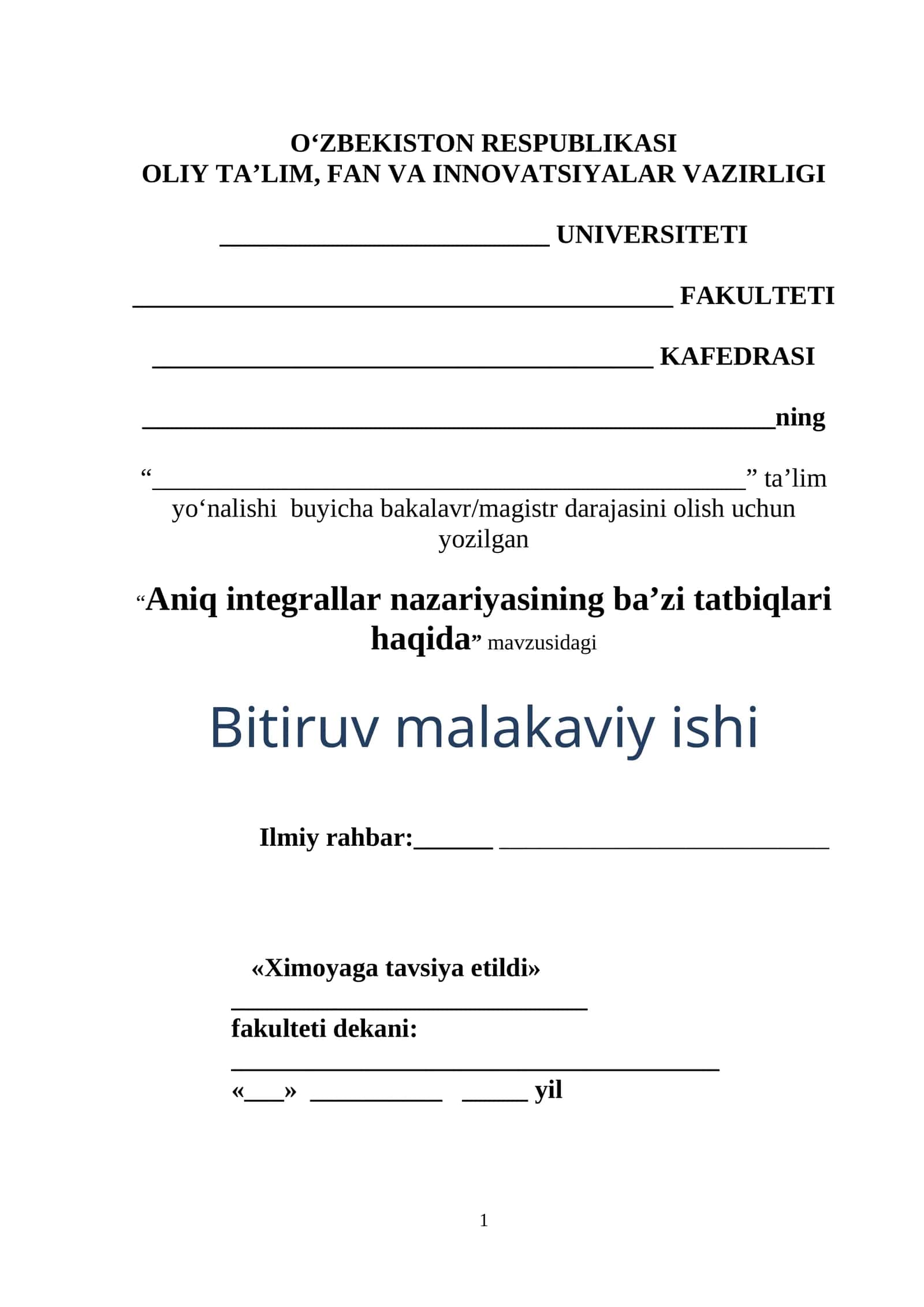 Aniq integrallar nazariyasining ba’zi tatbiqlari haqida