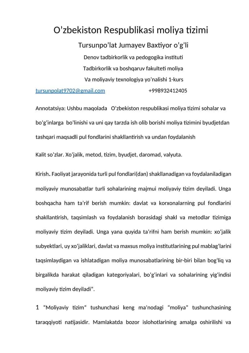 O’zbekiston Respublikasi moliya tizimi