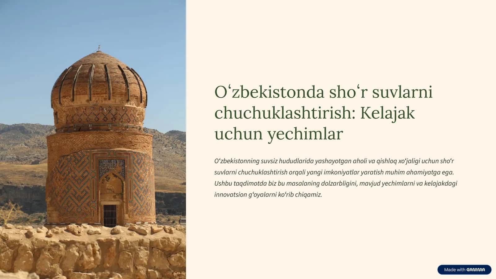 Shoʻr suvlarni chuchuklashtirish: Kelajak uchun yechimlar