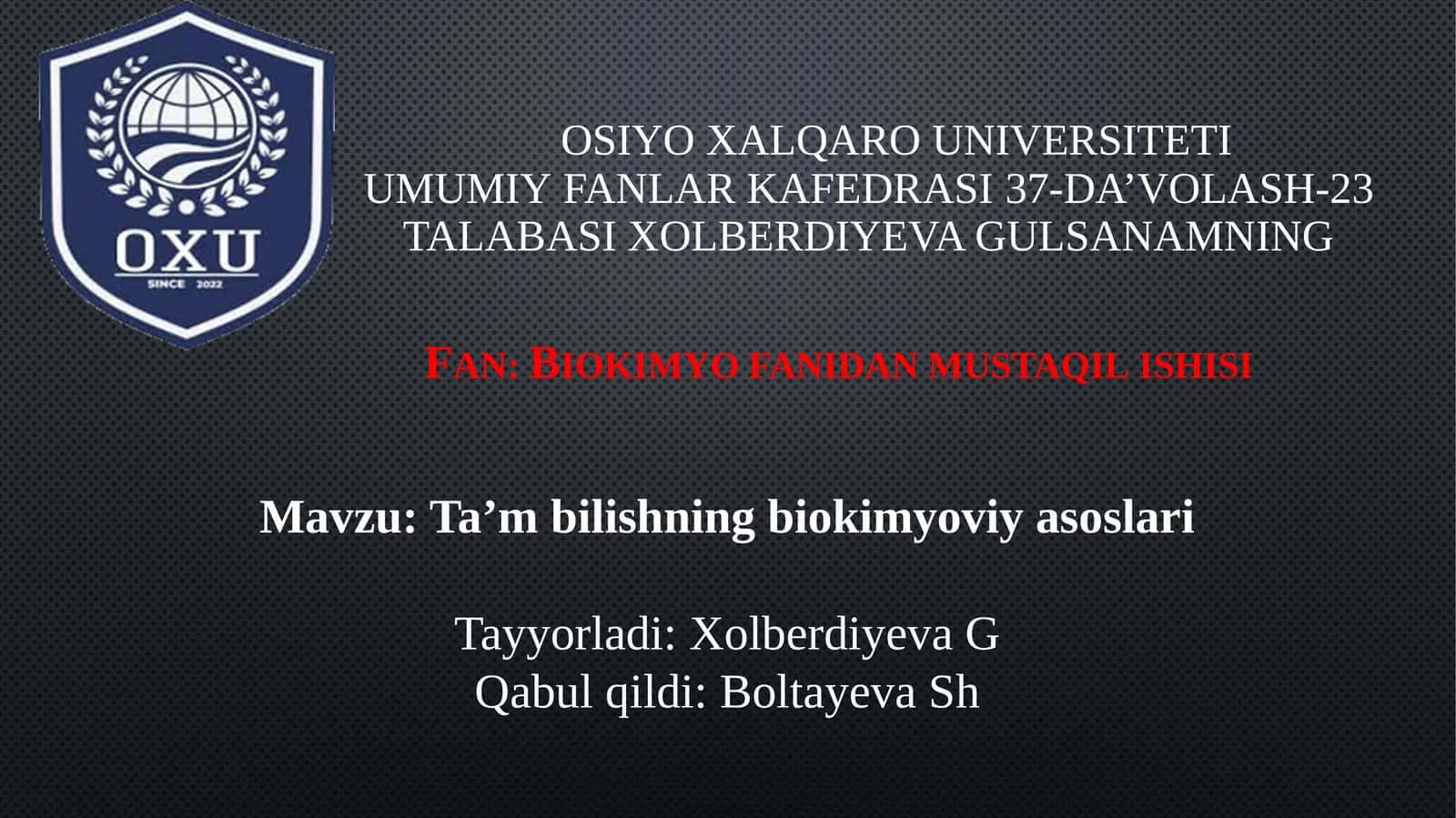 Ta’m bilishning biokimyoviy asoslari