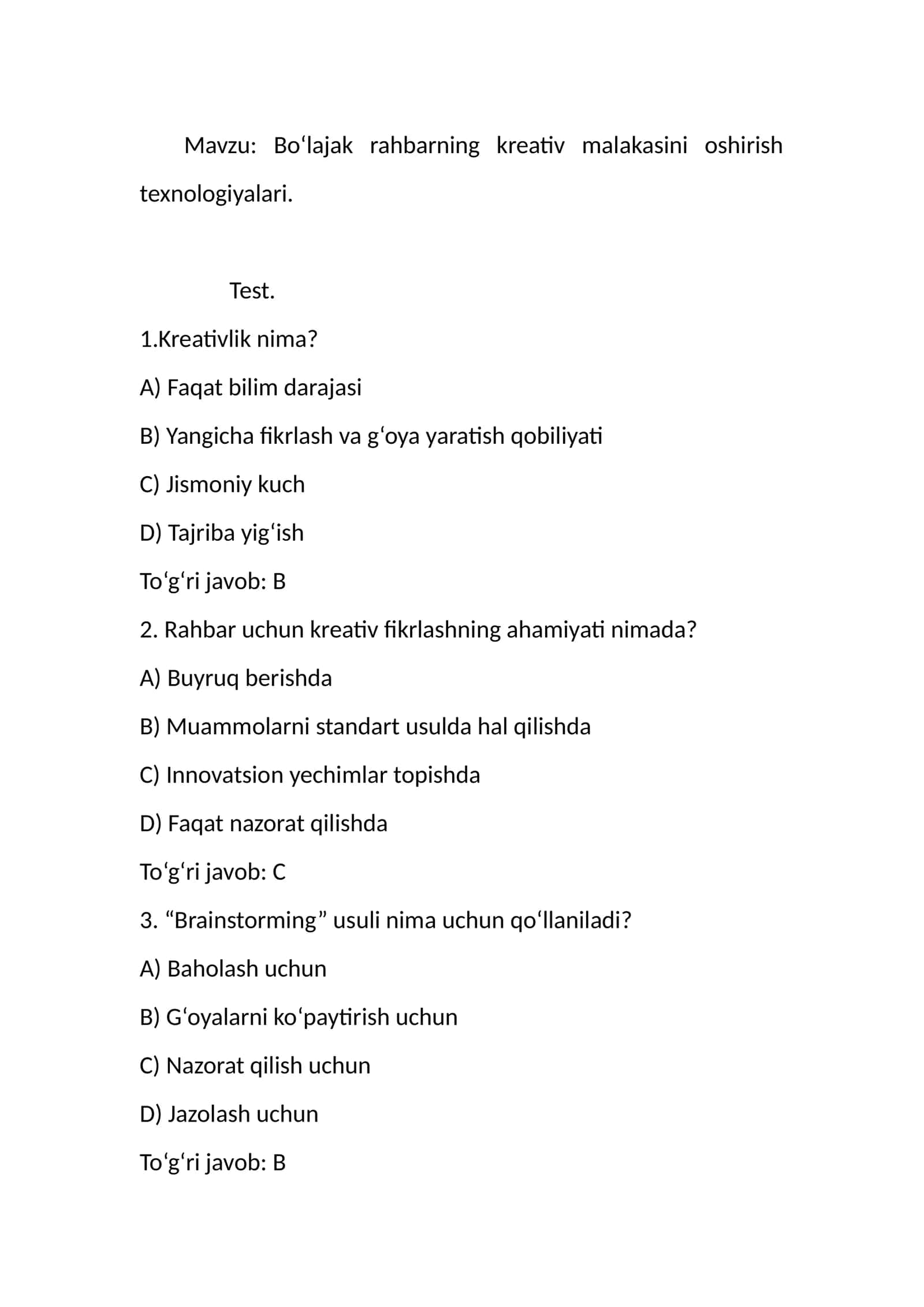 Boʻlajak rahbarning kreativ malakasini oshirish texnologiyalari