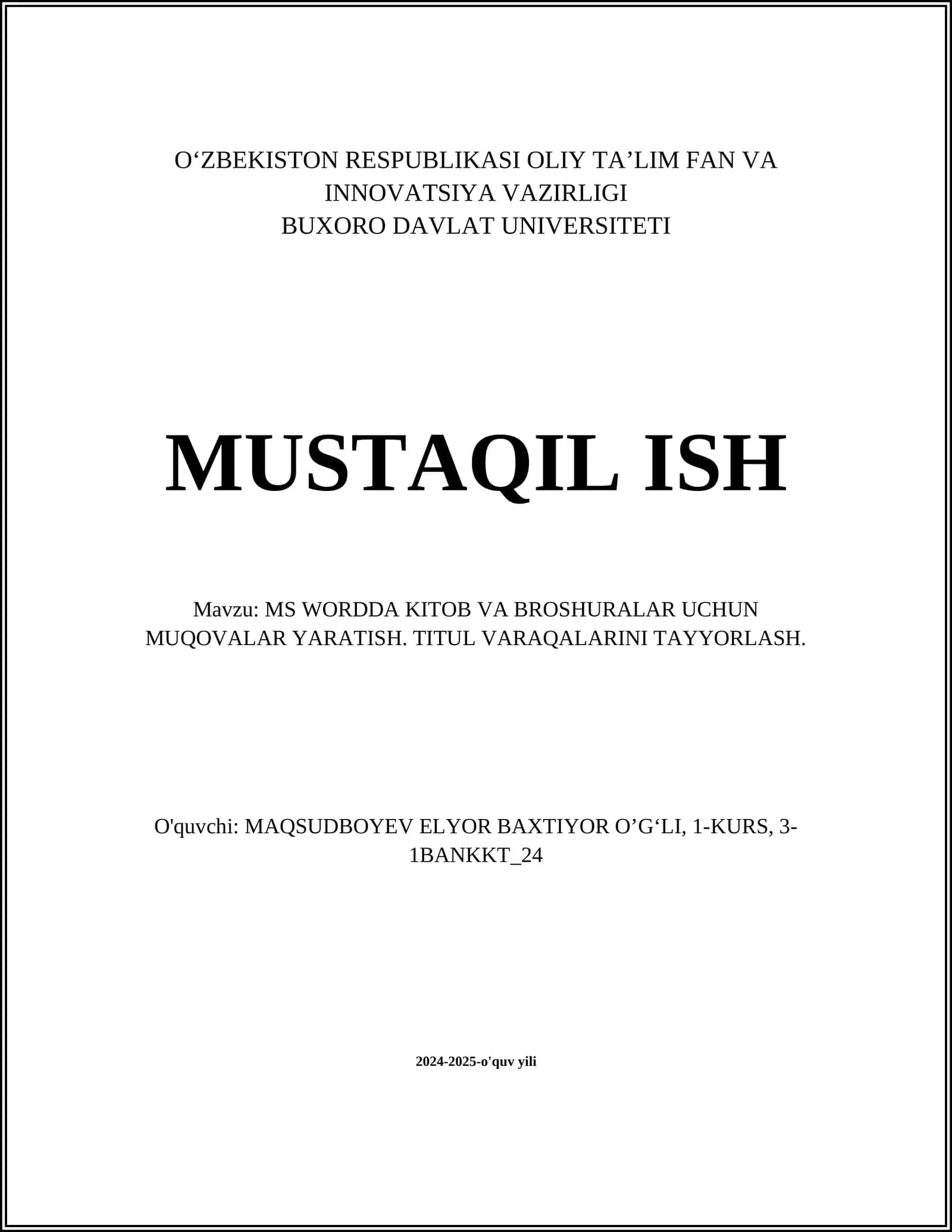 MS WORDDA KITOB VA BROSHURALAR UCHUN MUQOVALAR YARATISH. TITUL VARAQALARINI TAYYORLASH