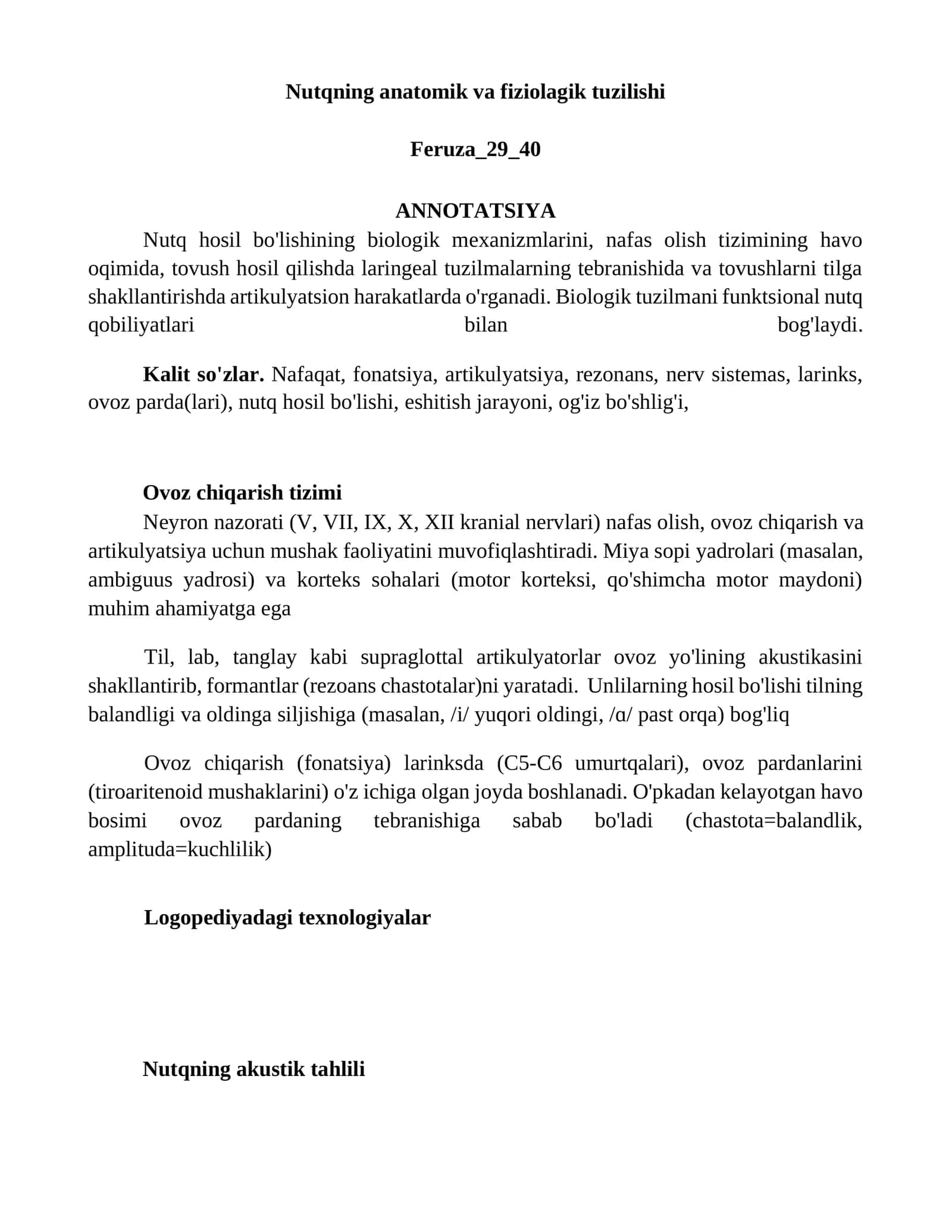 Nutqning anatomik va fiziolagik tuzilishi