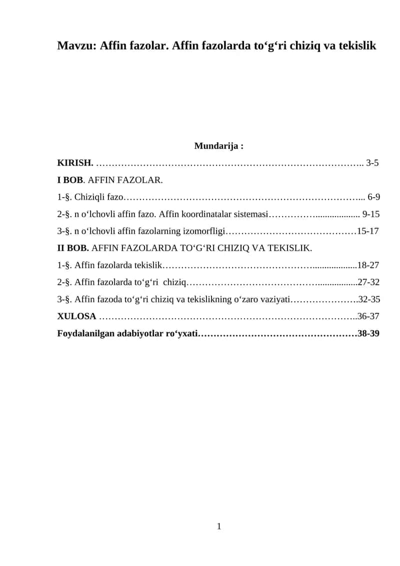 Affin fazolar. Affin fazolarda to‘g‘ri chiziq va tekislik