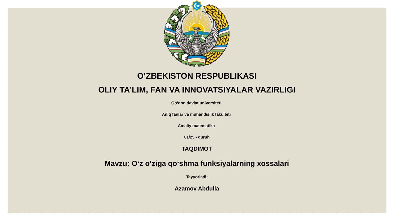 Oʻz oʻziga qoʻshma funksiyalarning xossalari