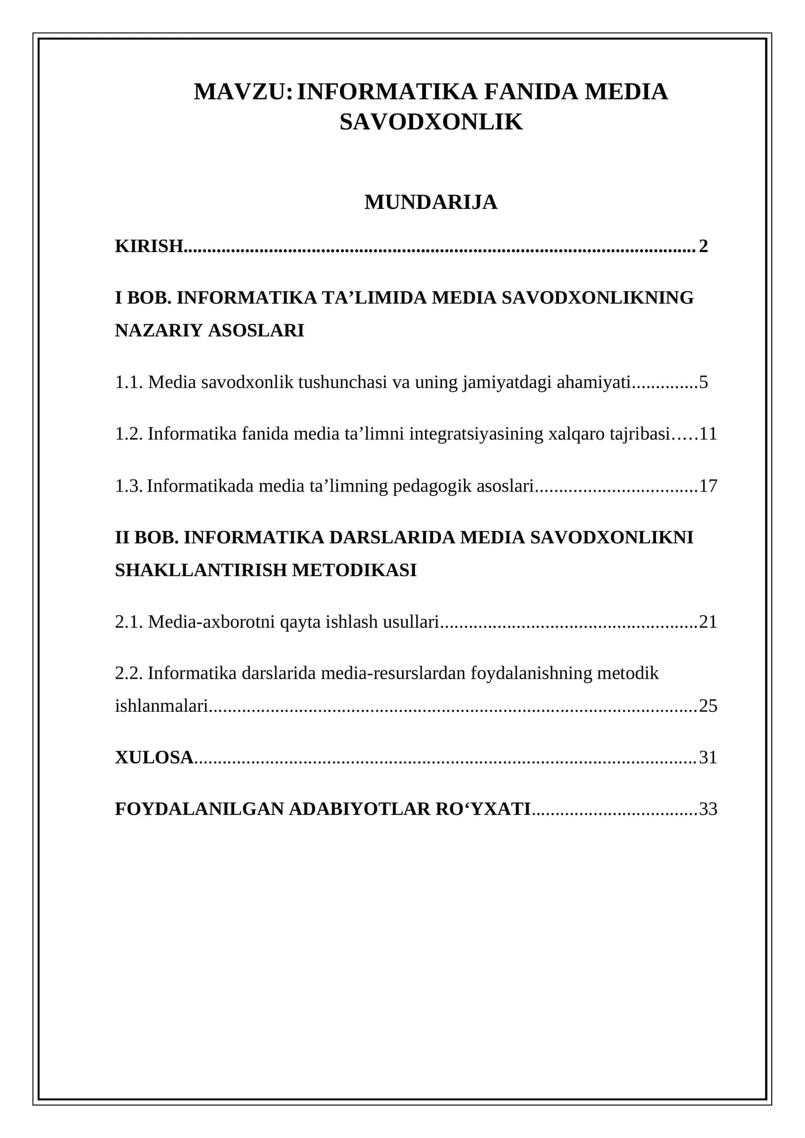 INFORMATIKA FANIDA MEDIA SAVODXONLIK