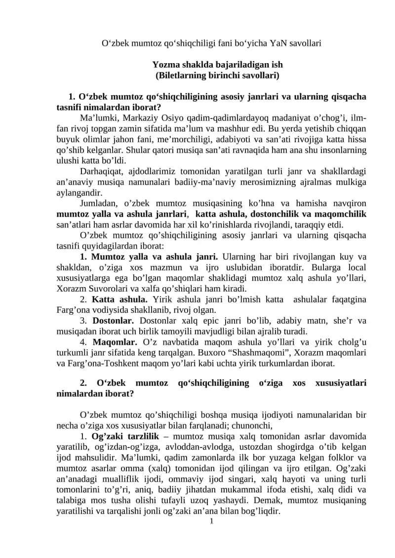 O‘zbek mumtoz qo‘shiqchiligi fani bo‘yicha YaN savollari