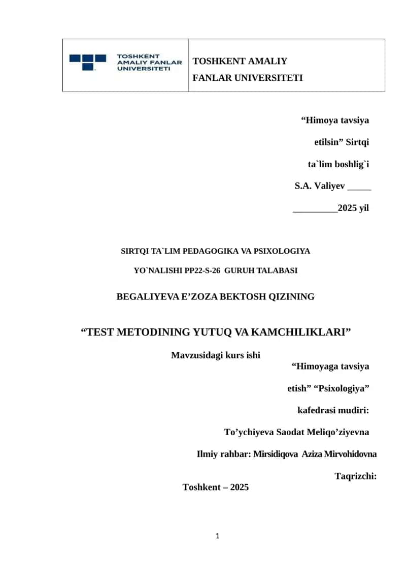 "TEST METODINING YUTUQ VA KAMCHILIKLARI"