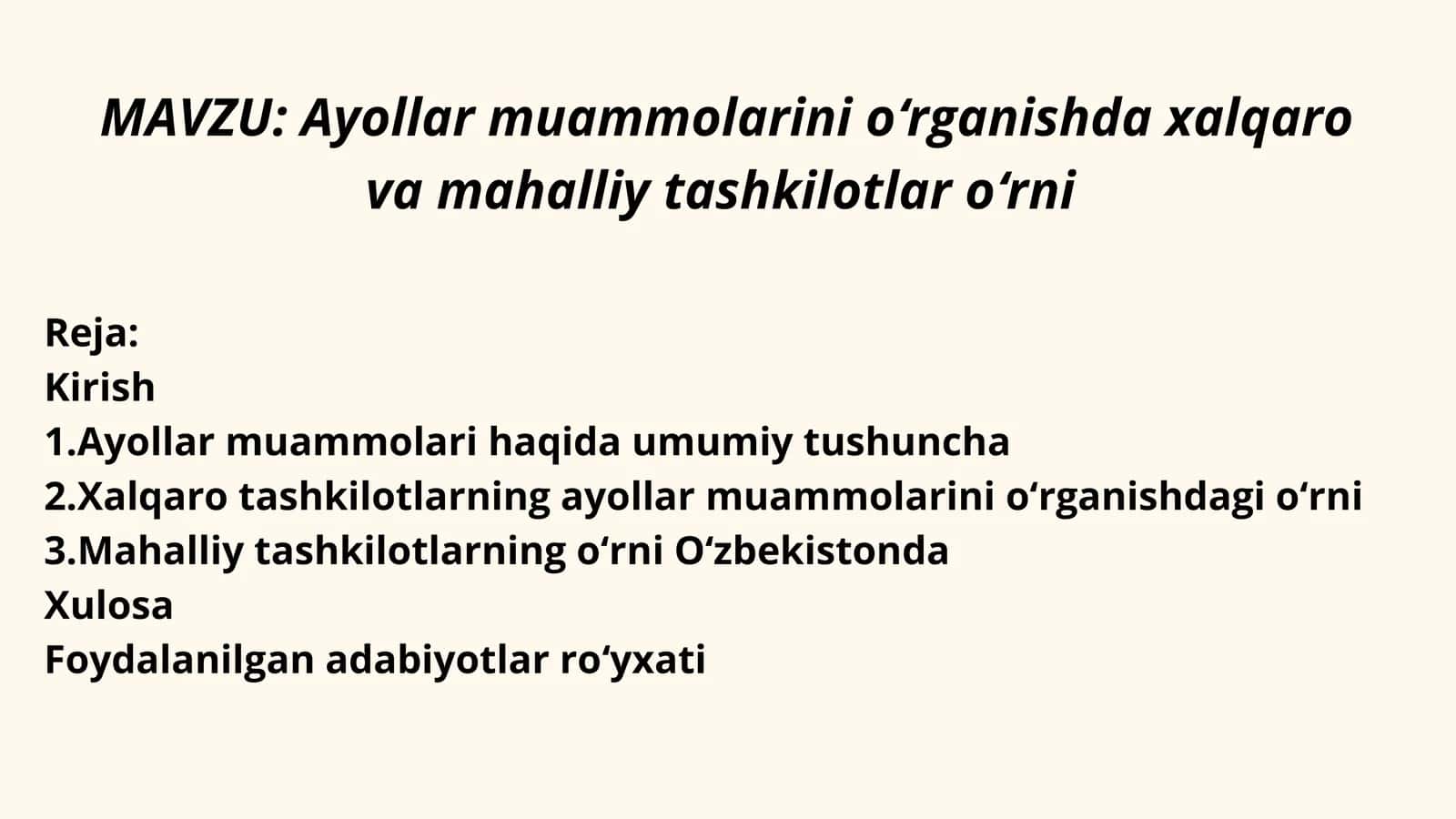 Ayollar muammolarini oʻrganishda xalqaro va mahalliy tashkilotlar oʻrni