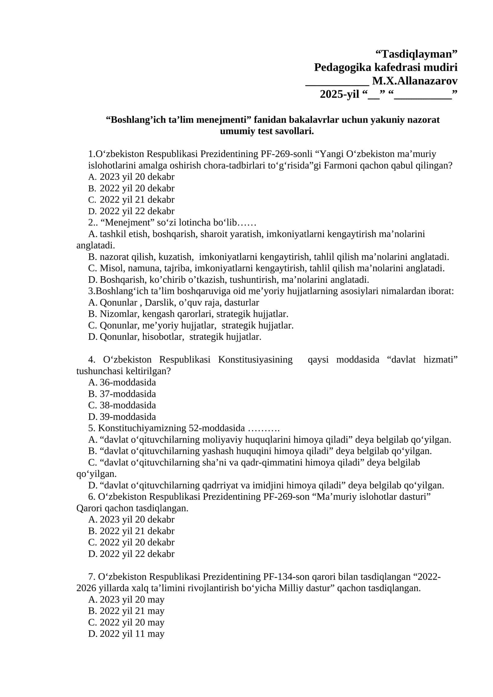 Boshlang’ich Ta’lim Menejmenti Umumiy Test Savollari