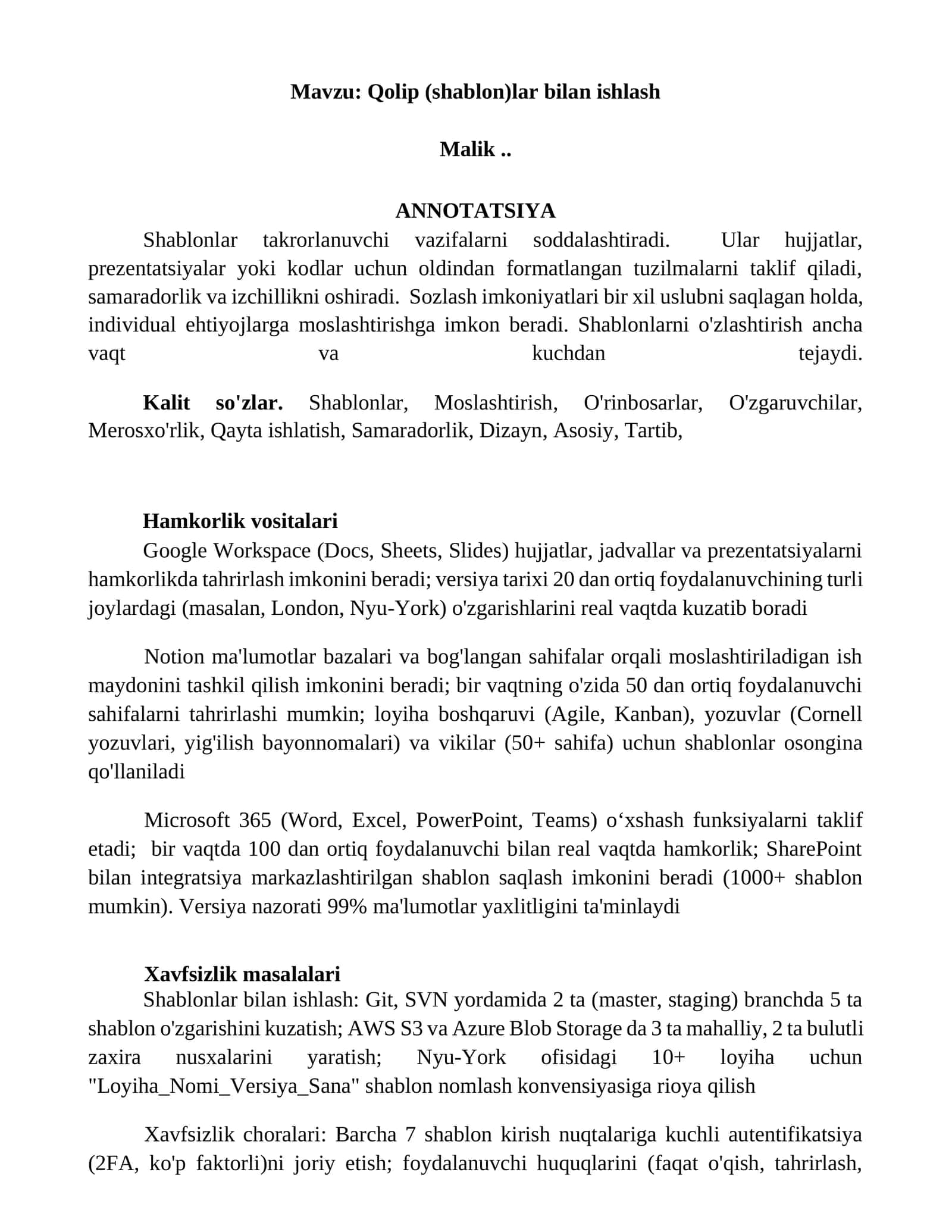 Qolip (shablon)lar bilan ishlash
