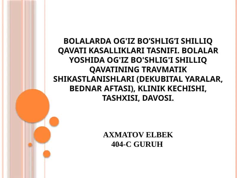 Bolalarda Og'iz Bo’shlig’i Shilliq Qavati Kasalliklari Tasnifi