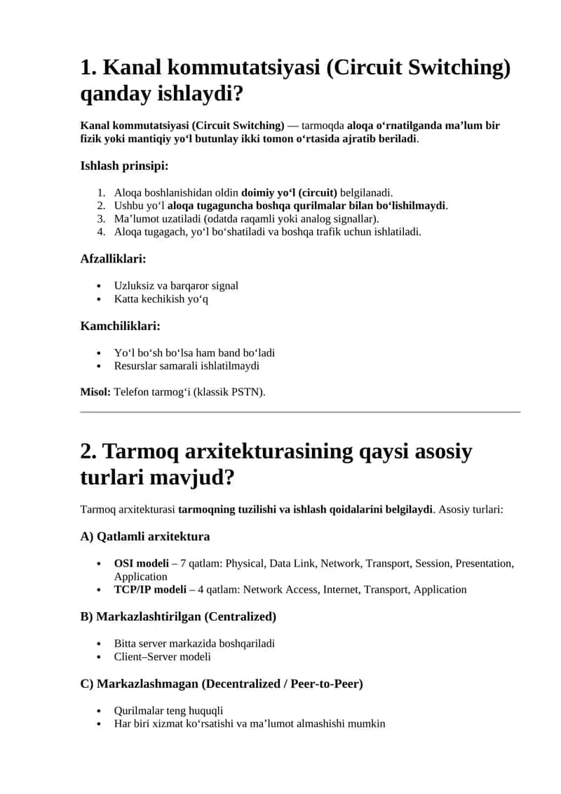 Kanal kommutatsiyasi (Circuit Switching)