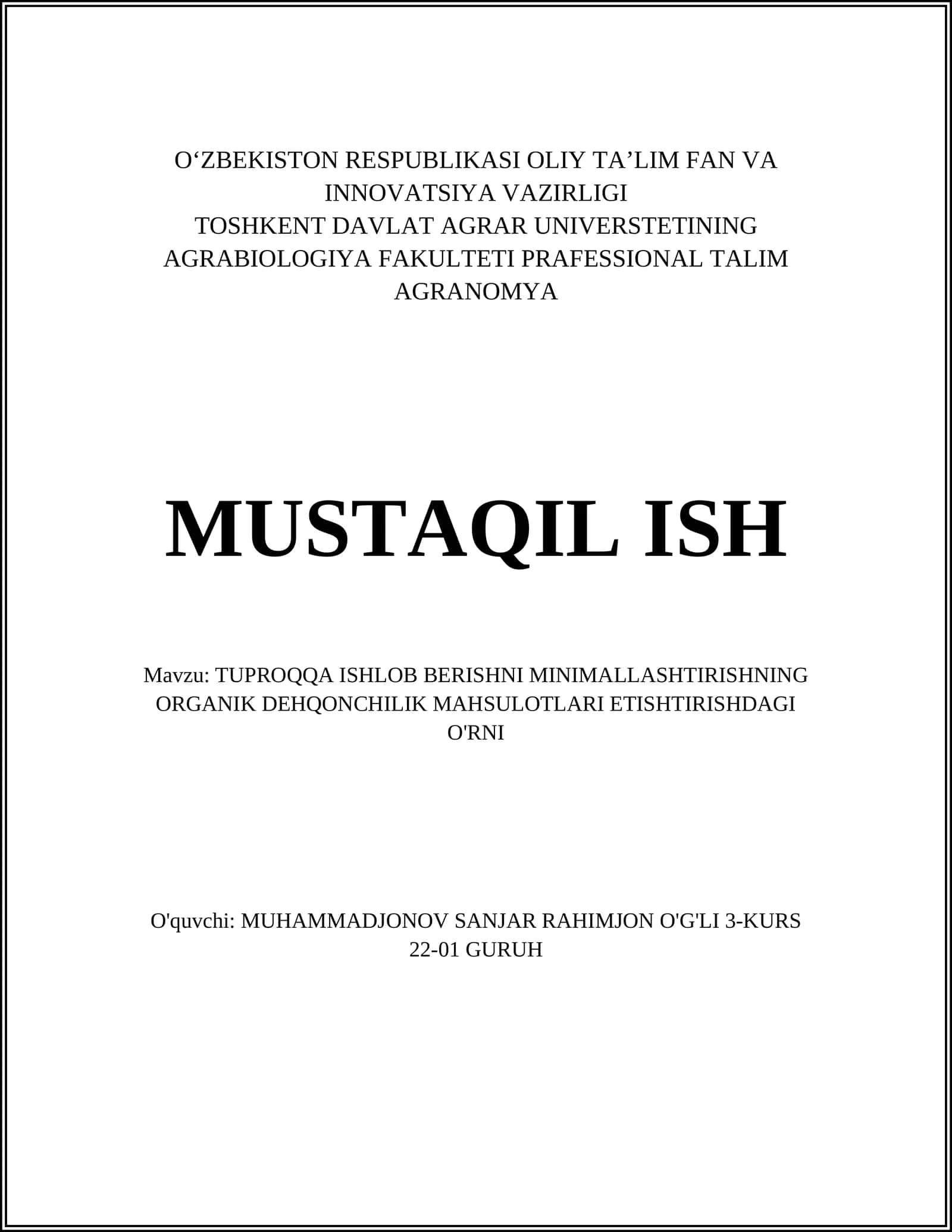 Tuproqqa ishlov berish texnologiyalarini minimallashtirish