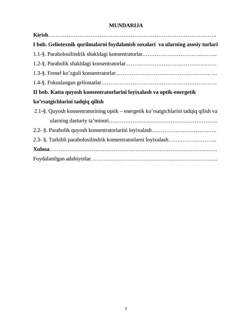 Geliotexnik qurilmalarni foydalanish soxalari va ularning asosiy