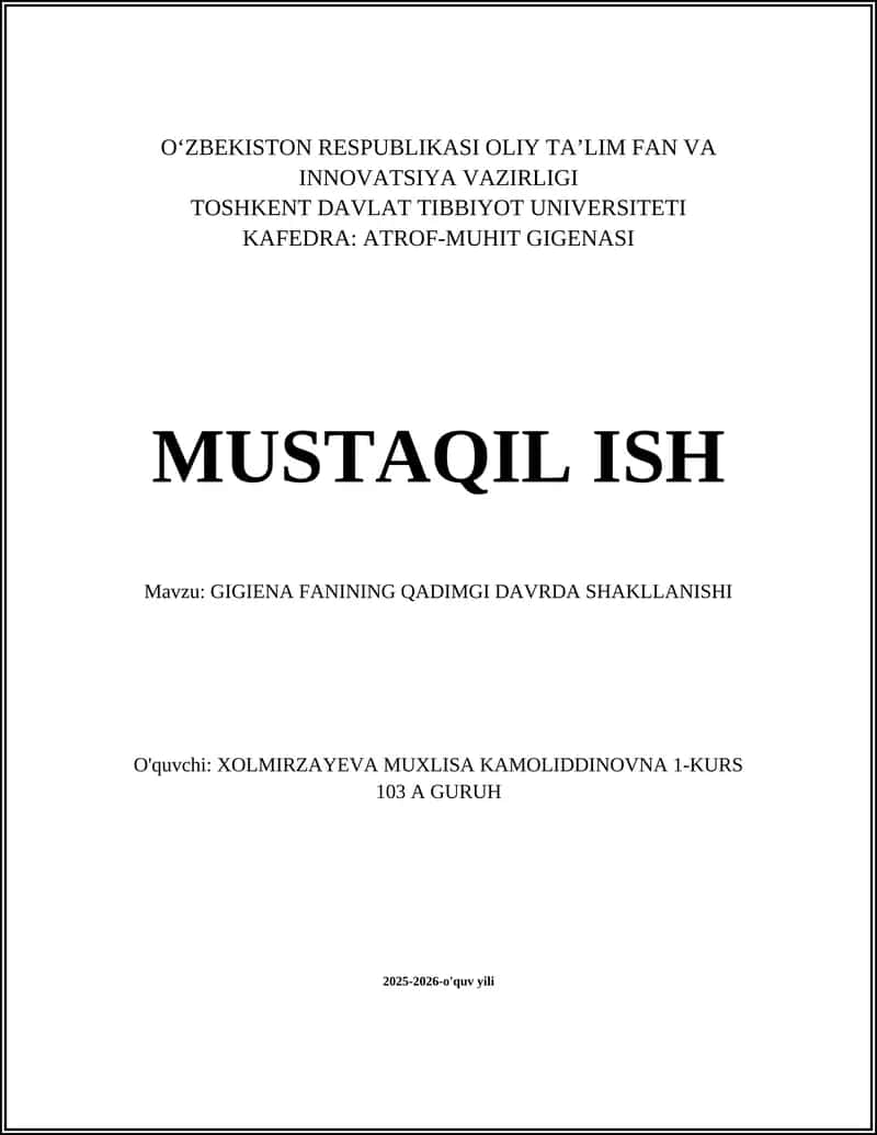 GIGIENA FANINING QADIMGI DAVRDA SHAKLLANISHI