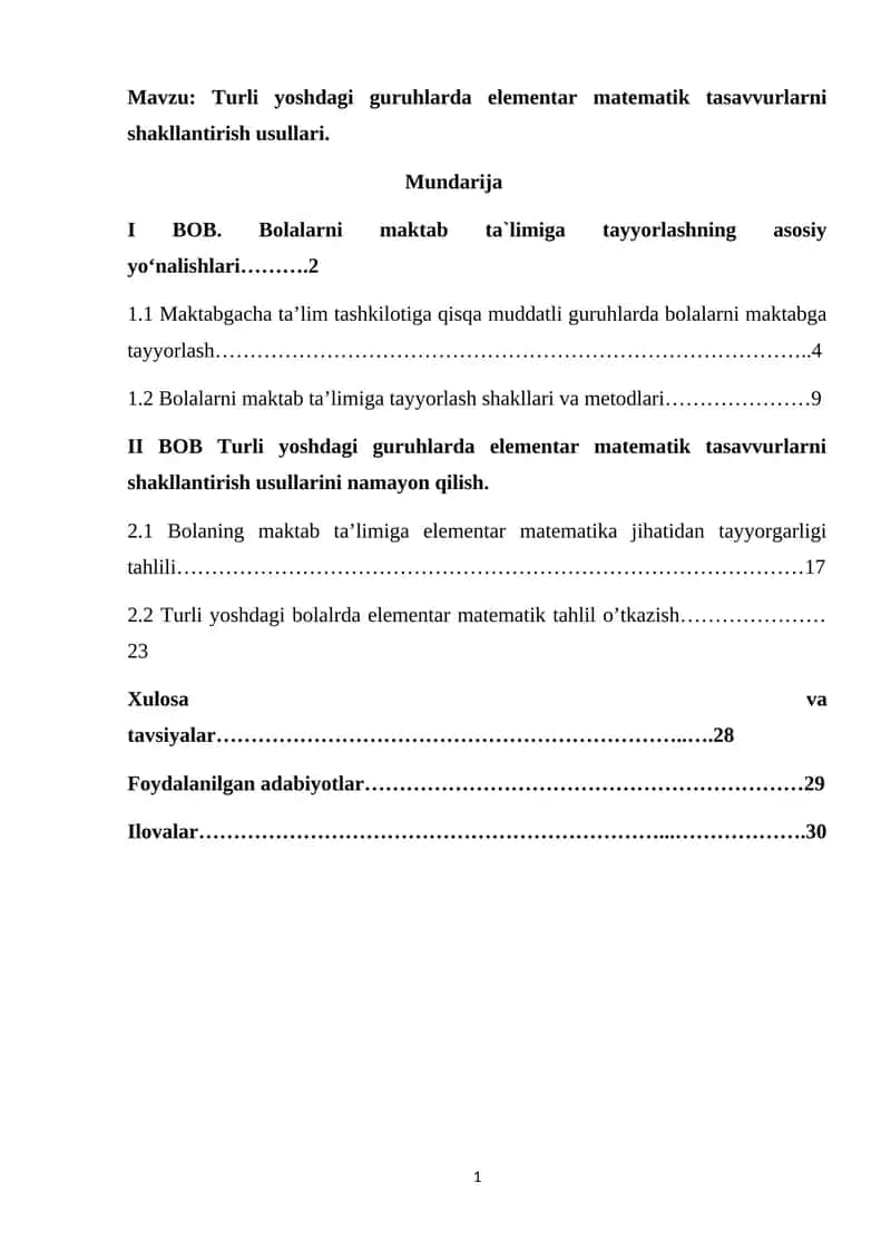 Turli yoshdagi guruhlarda elementar matematik tasavvurlarni shakllantirish usullari