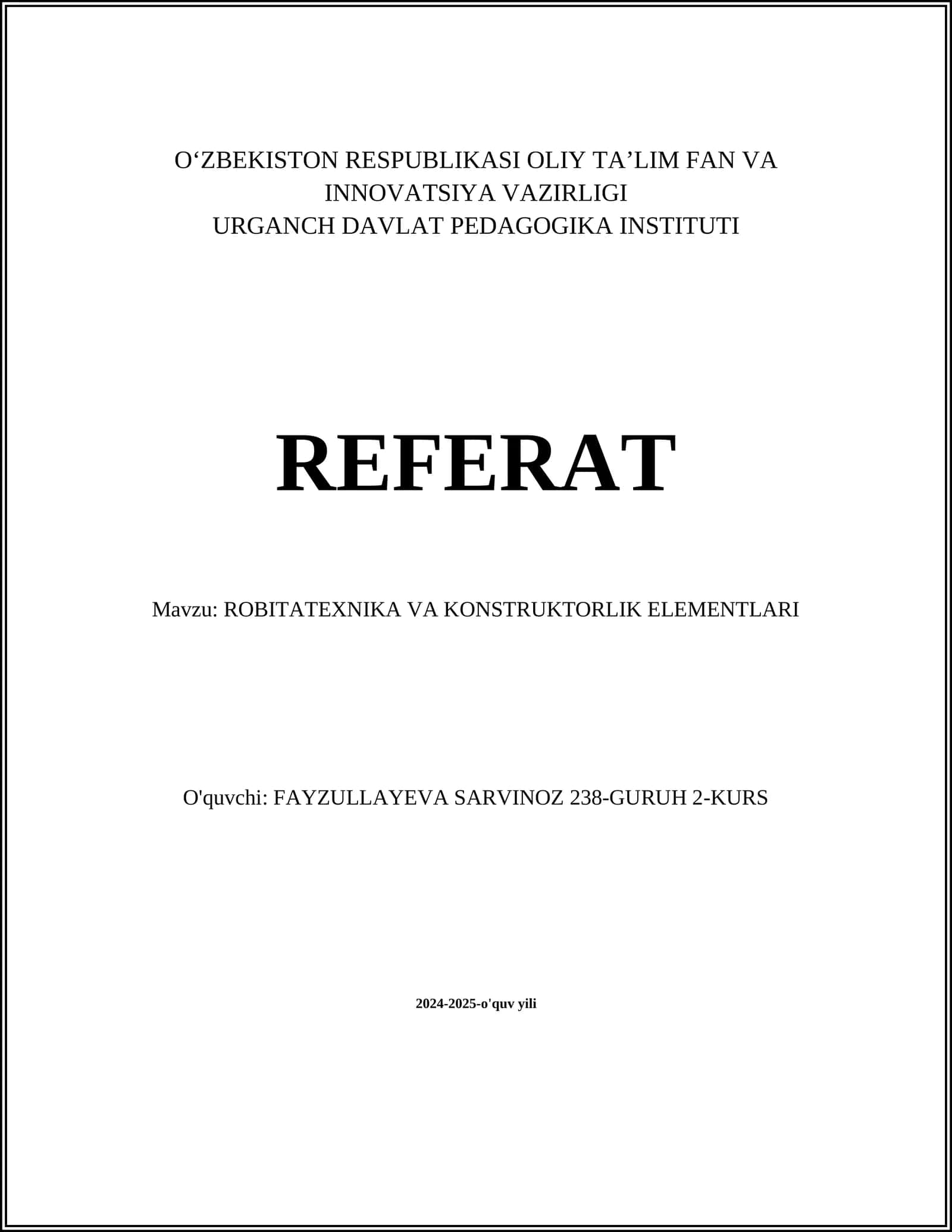 ROBITATEXNIKA VA KONSTRUKTORLIK ELEMENTLARI