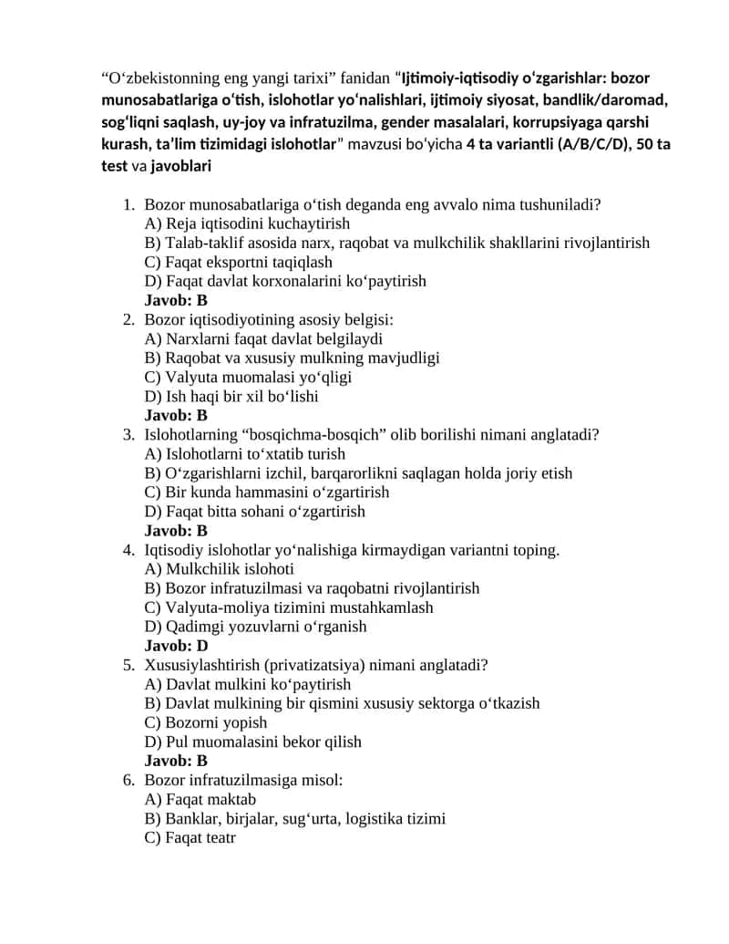Oʻzbekistonning eng yangi tarixi 6-test