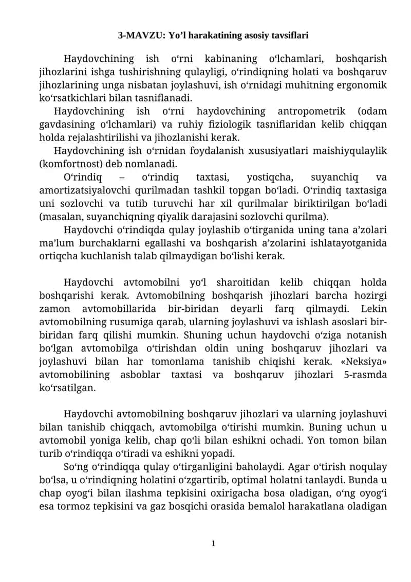 Yo’l harakatining asosiy tavsiflari