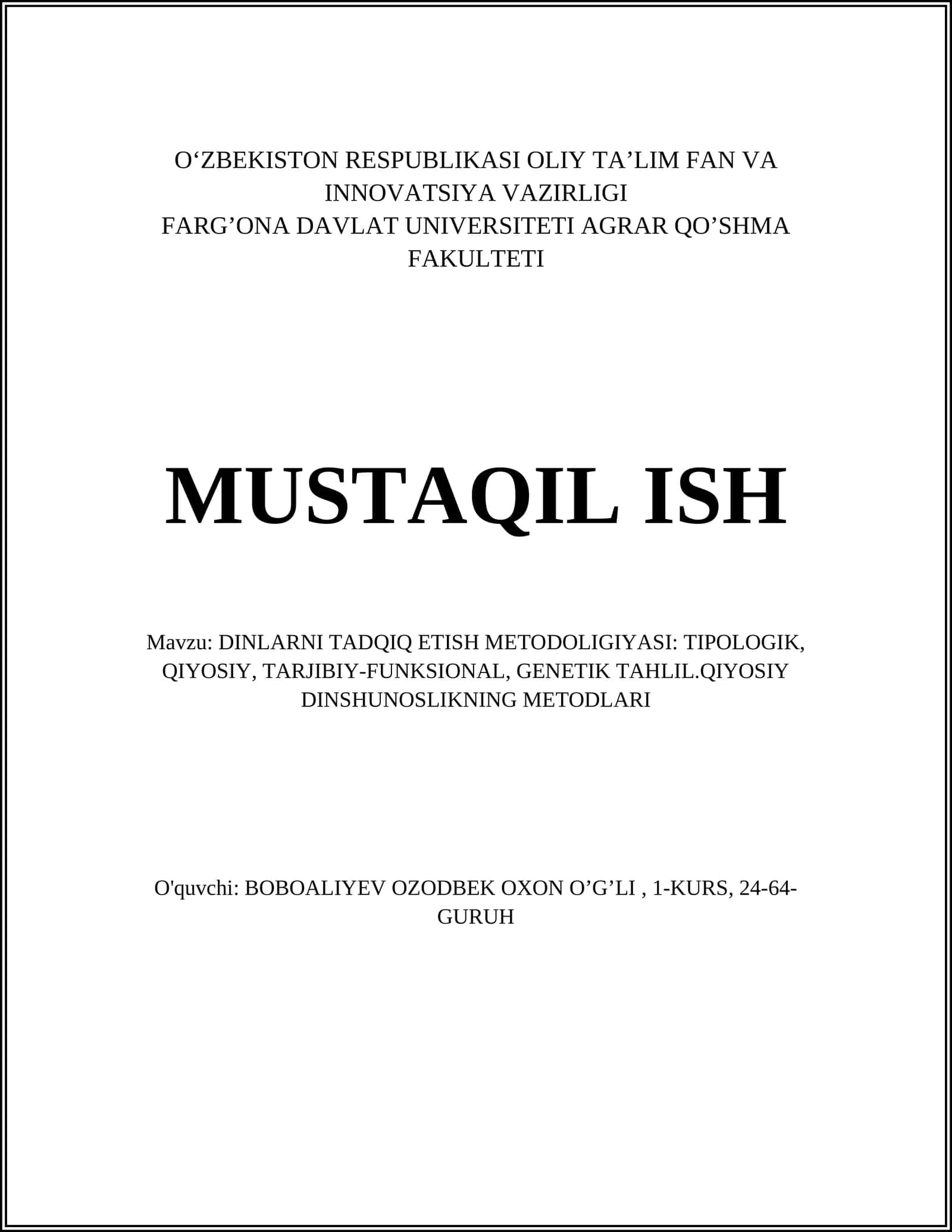 DINLARNI TADQIQ ETISH METODOLIGIYASI