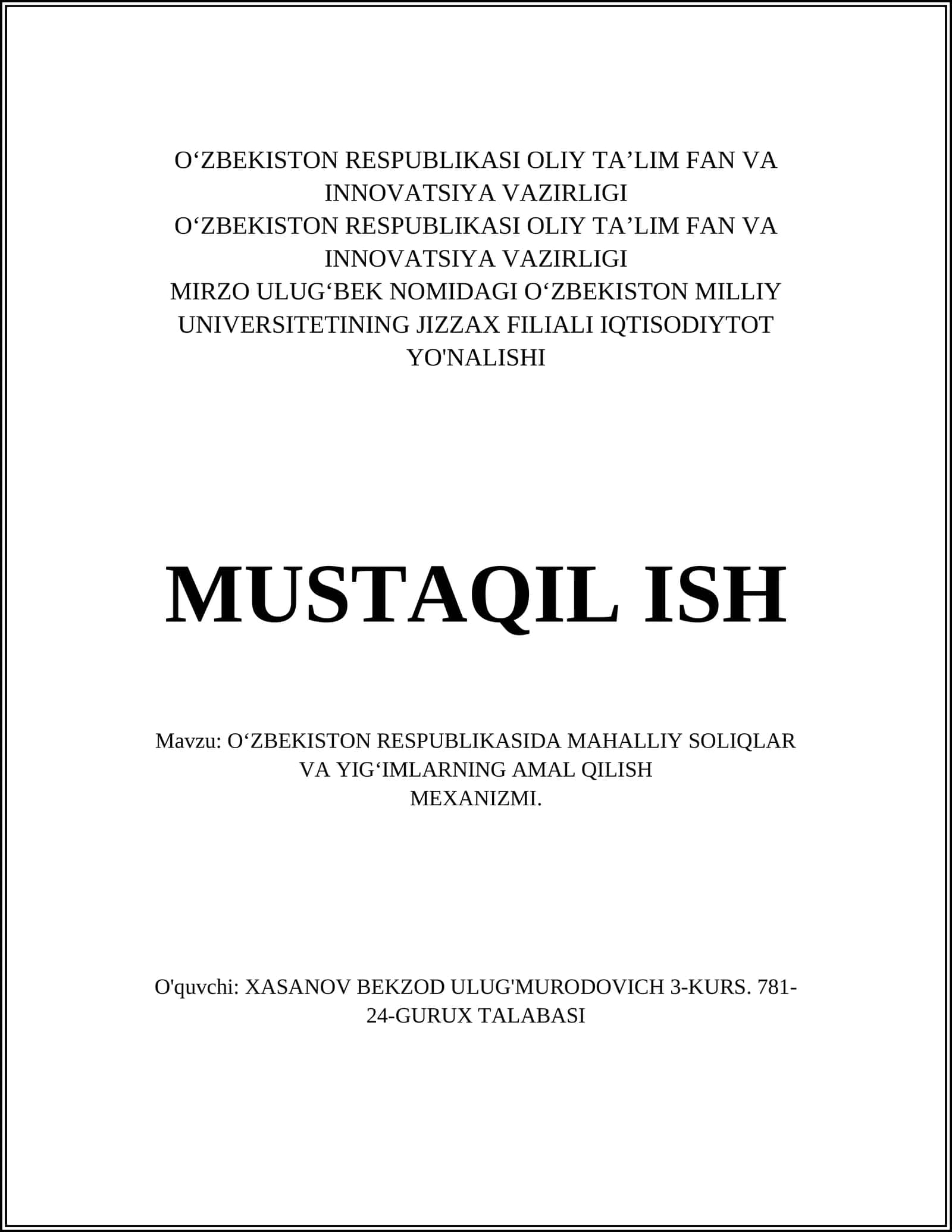 O‘zbekiston Respublikasida mahalliy soliqlar va yig‘imlar