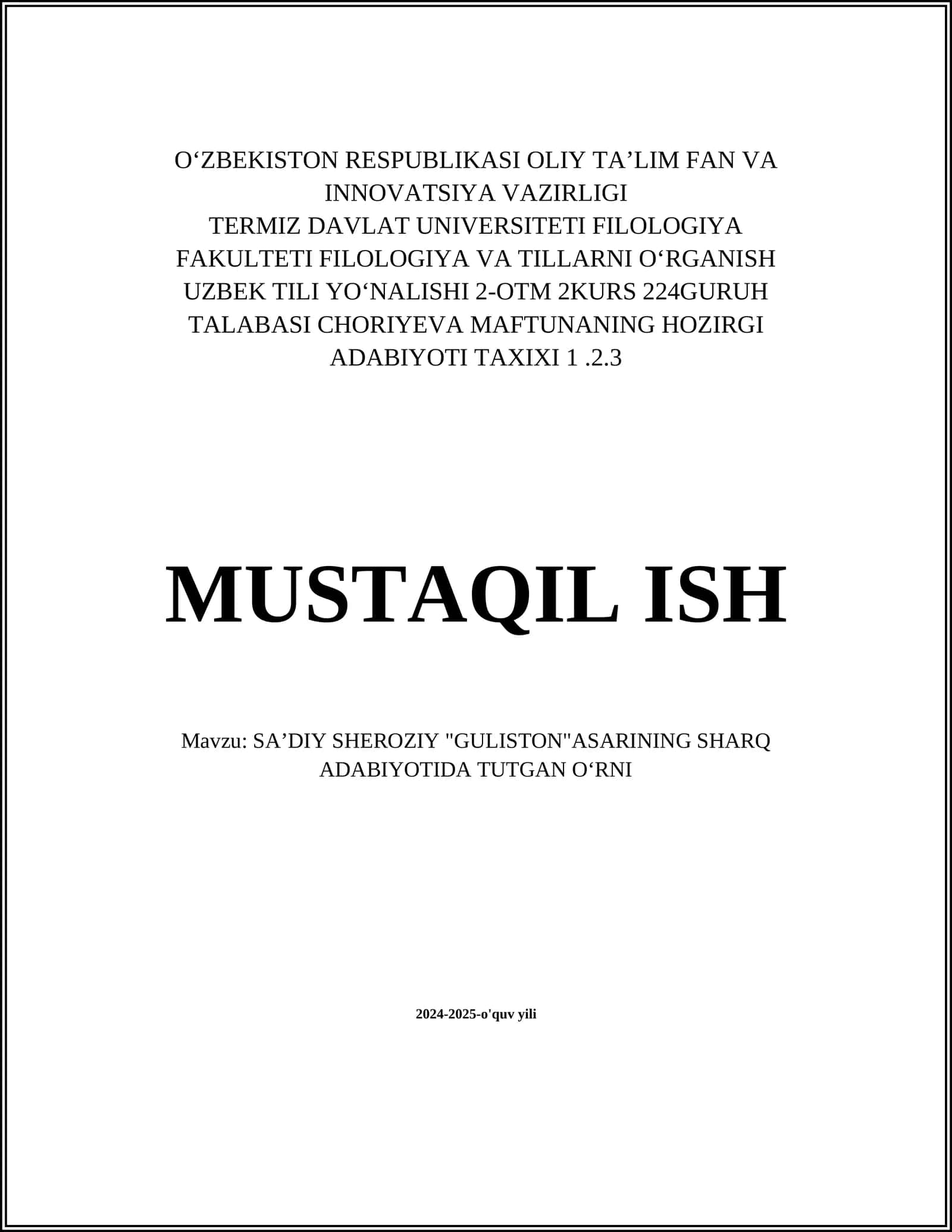 SAʼDIY SHEROZIY "GULISTON"ASARINING SHARQ ADABIYOTIDA TUTGAN OʻRNI